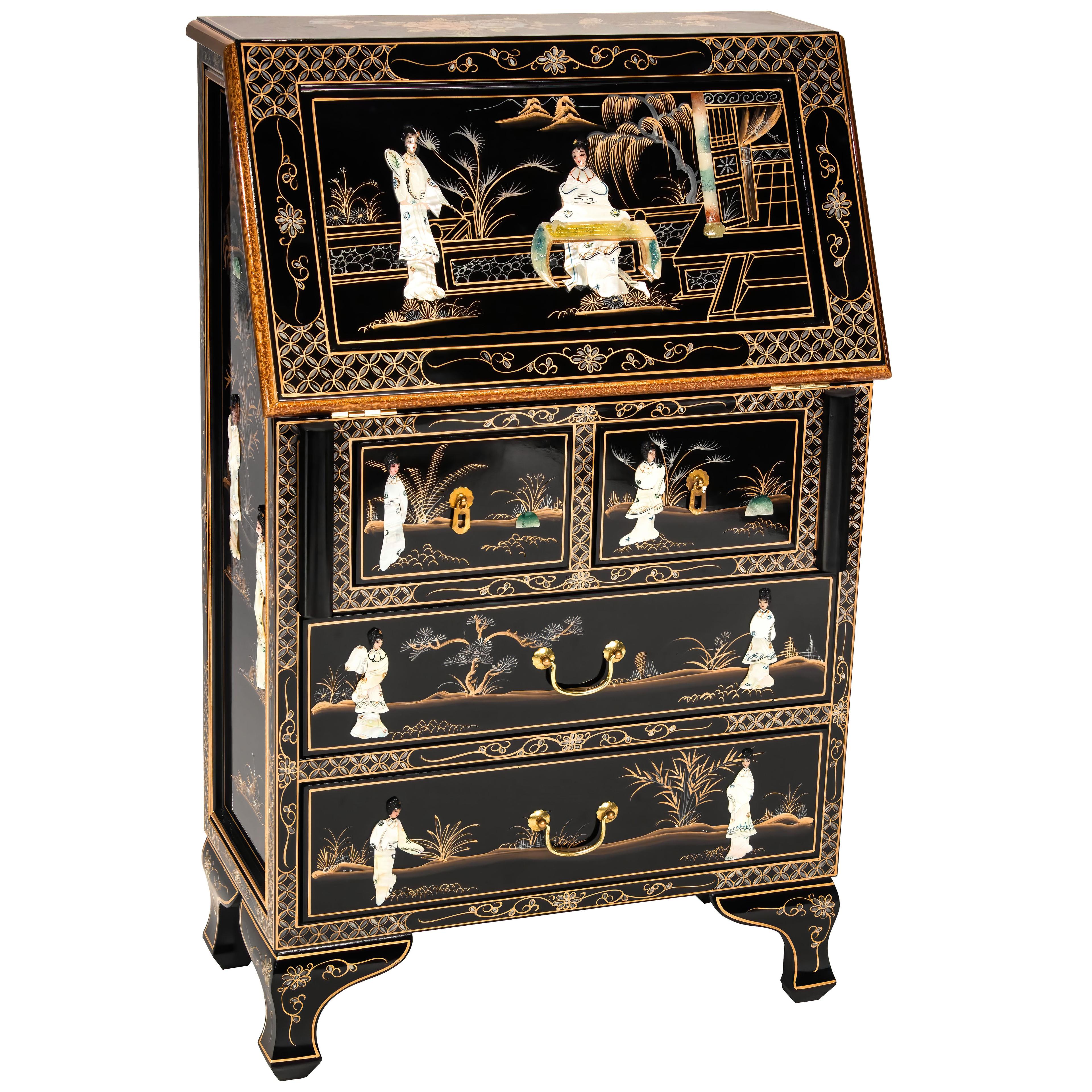 Exquisite Black Lacquer Secretary Desk with Mother-of-Pearl Accents