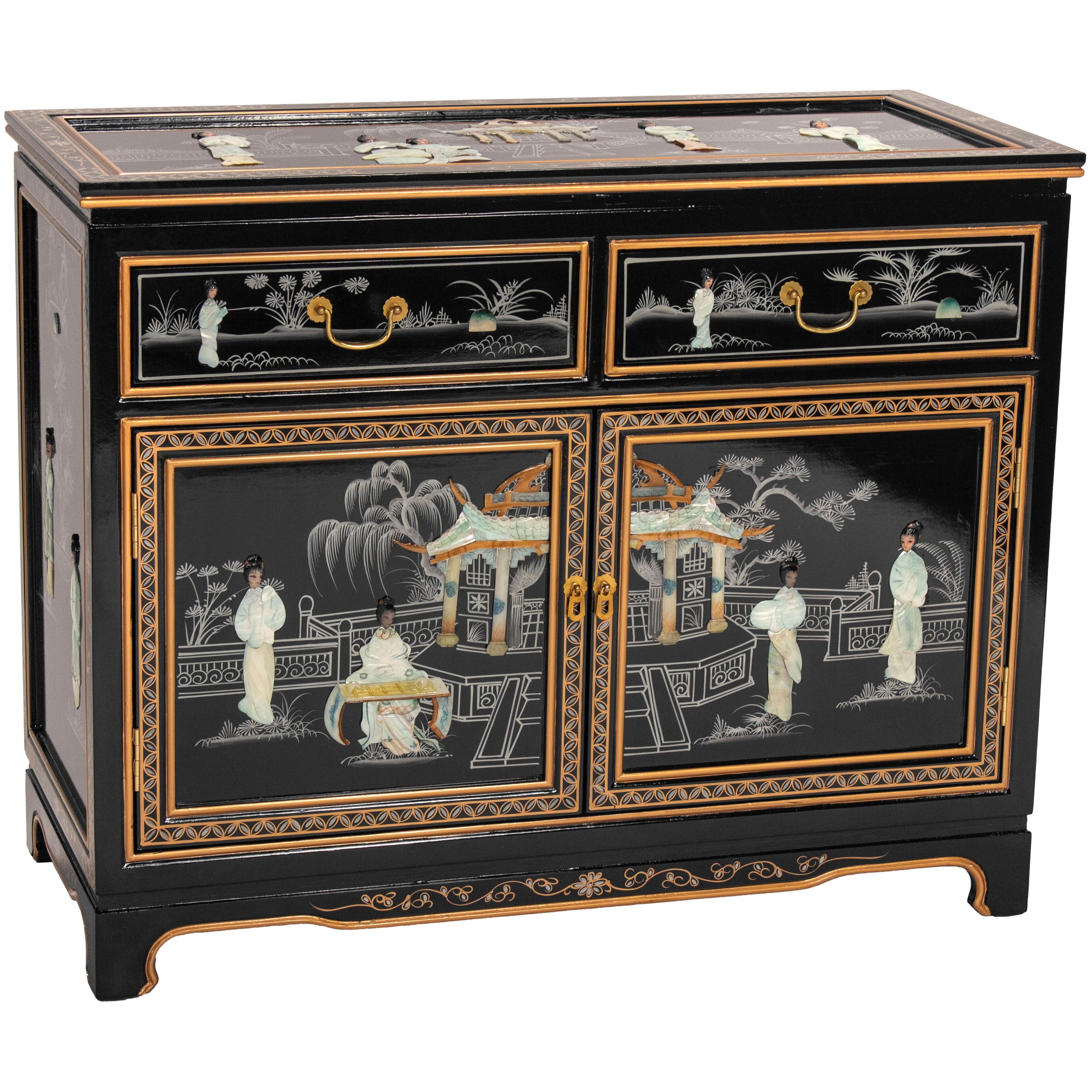 Black Lacquer Sideboard with Mother-of-Pearl Design