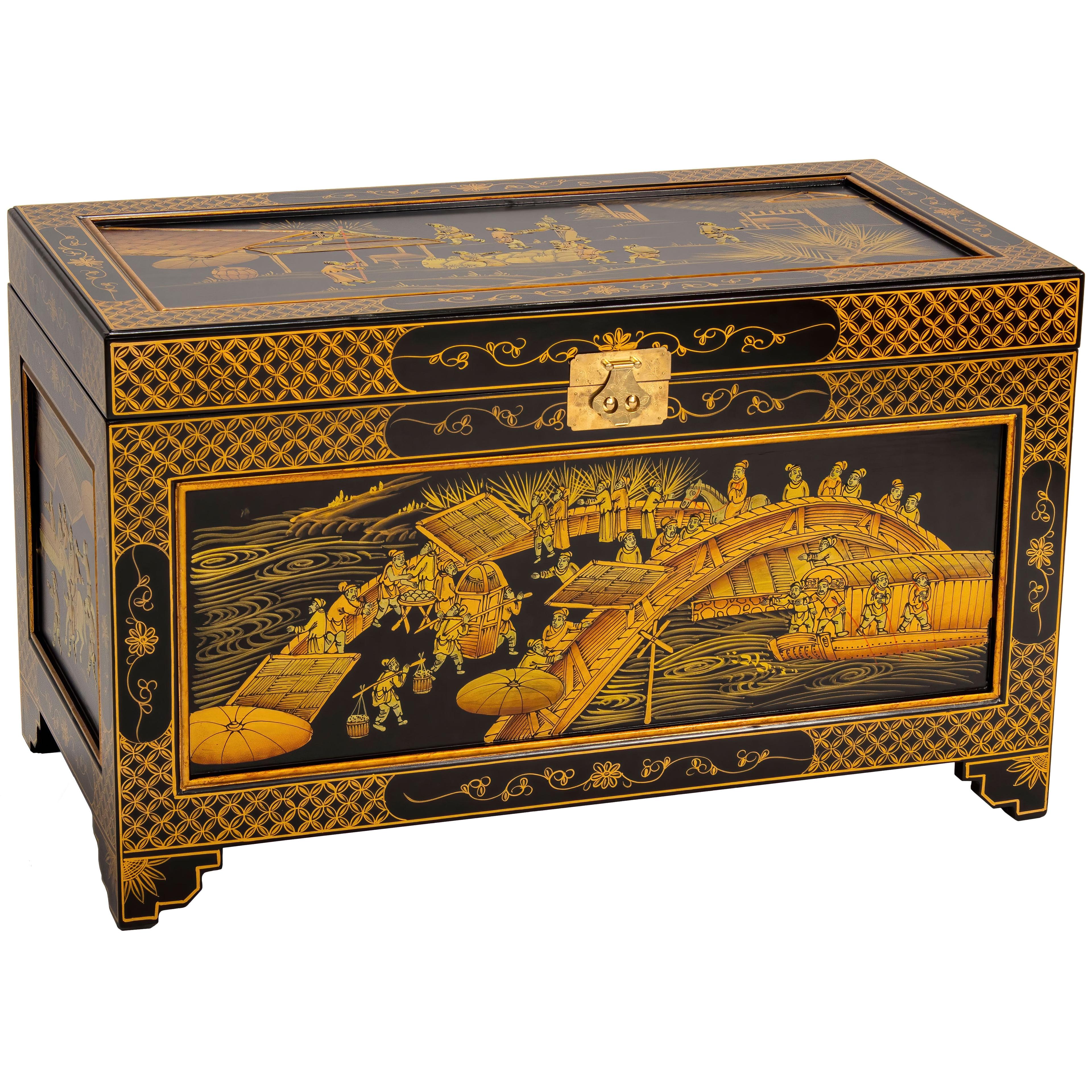 Guangdong Black Lacquer 40" Hand-Painted Ching Ming Storage Trunk