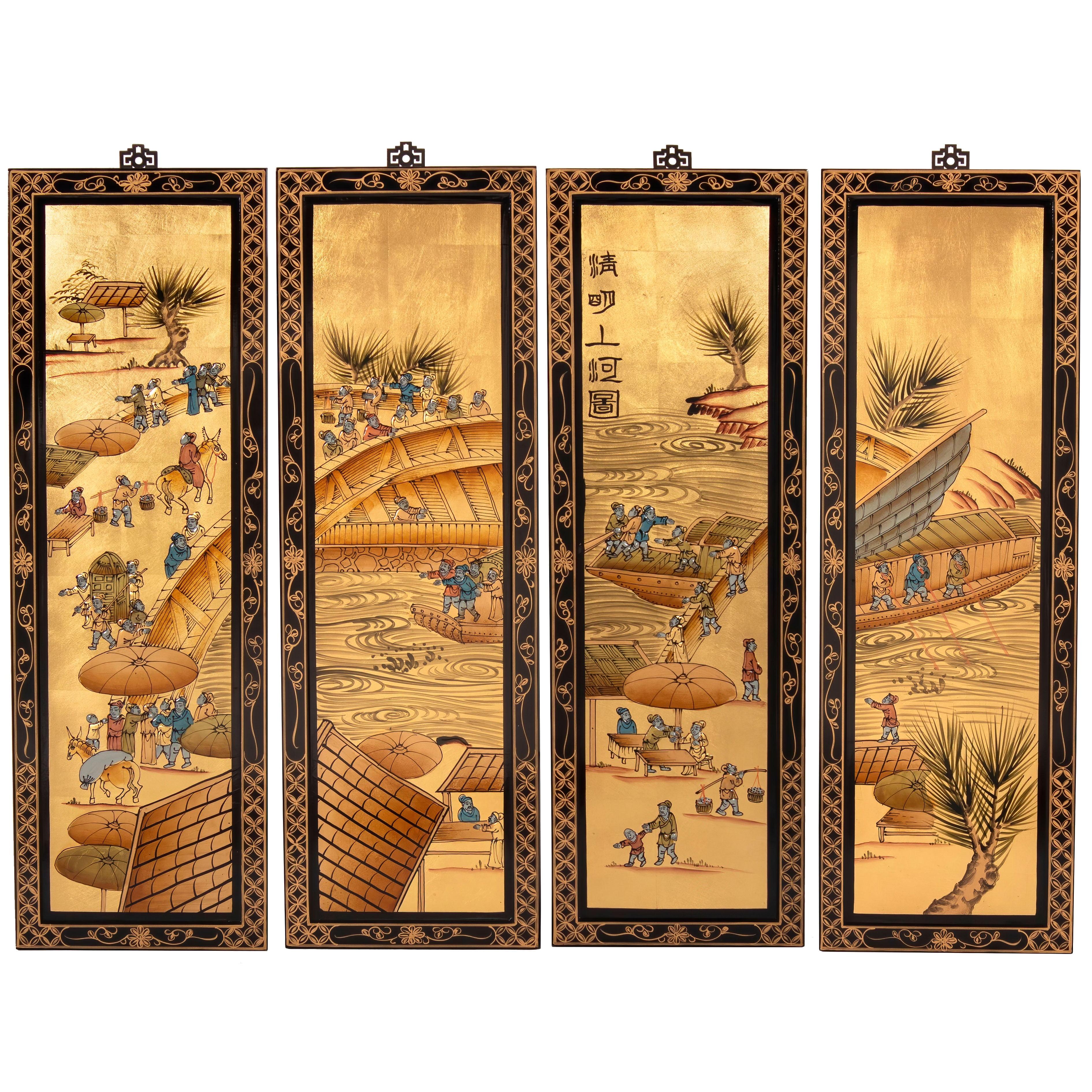 Ching Ming Gold Lacquered Elm Wood Wall Art Set