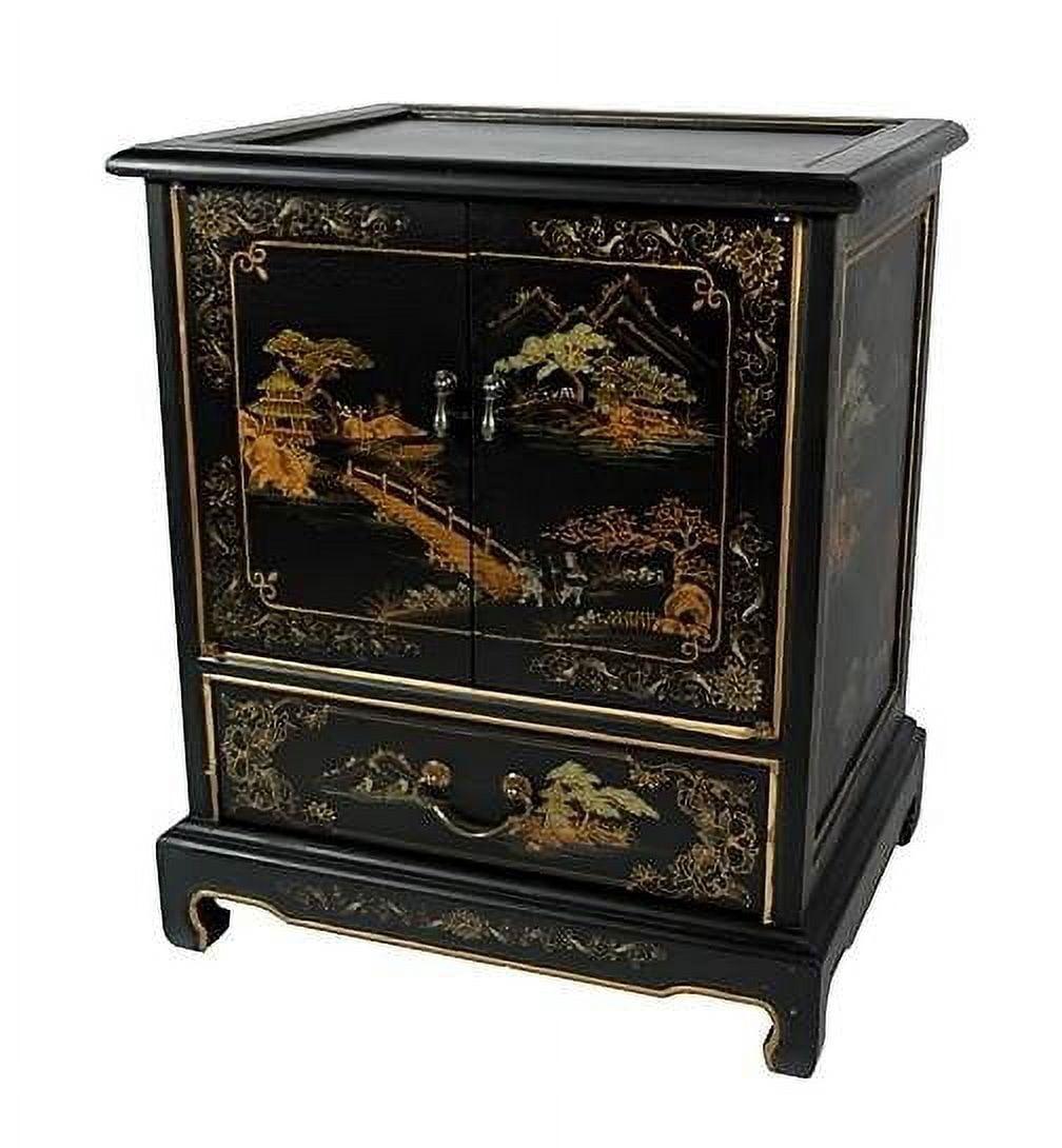 Red Landscape Oriental Elmwood End Table with Drawer