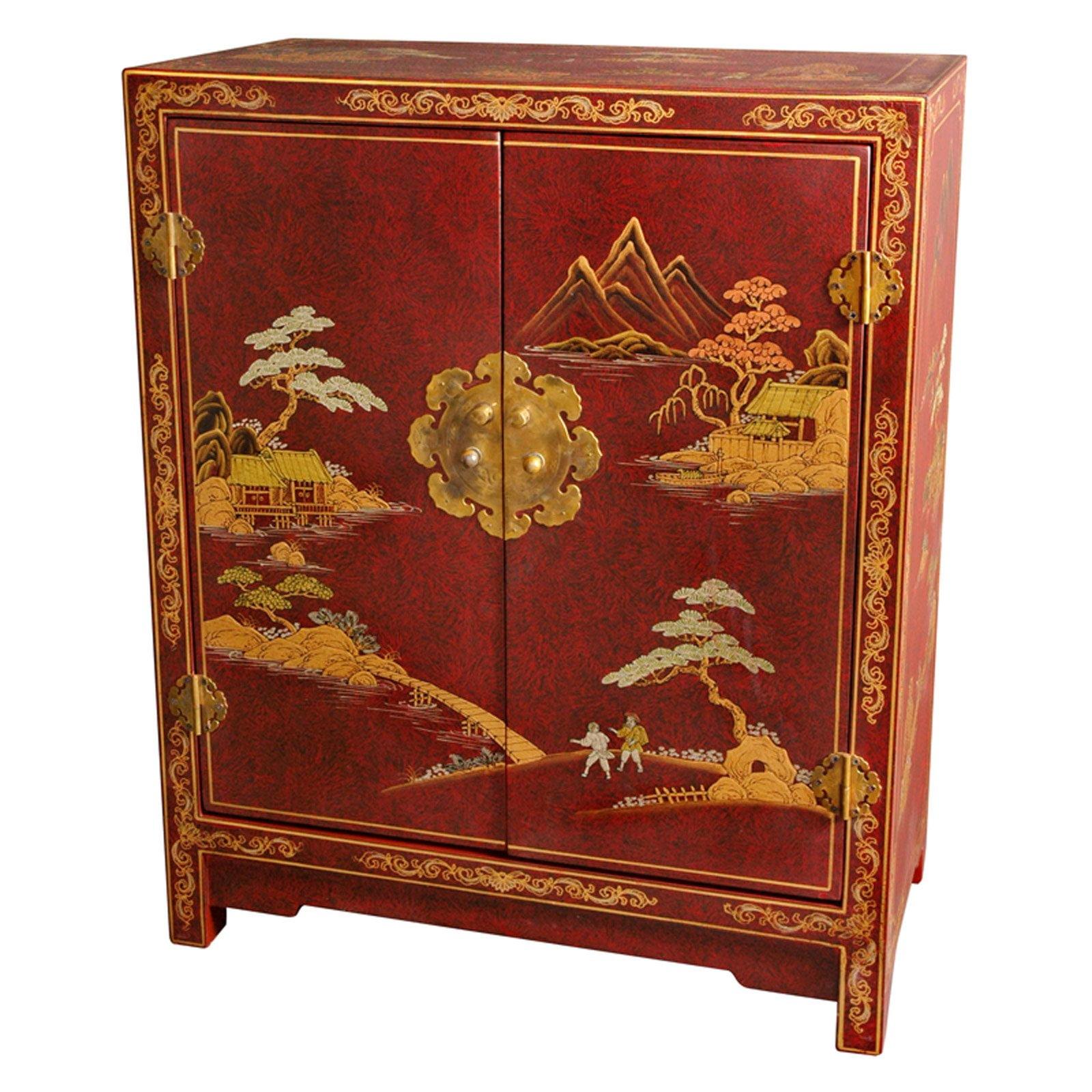 Handcrafted Red Lacquer Oriental Cabinet with Antique Brass Hardware