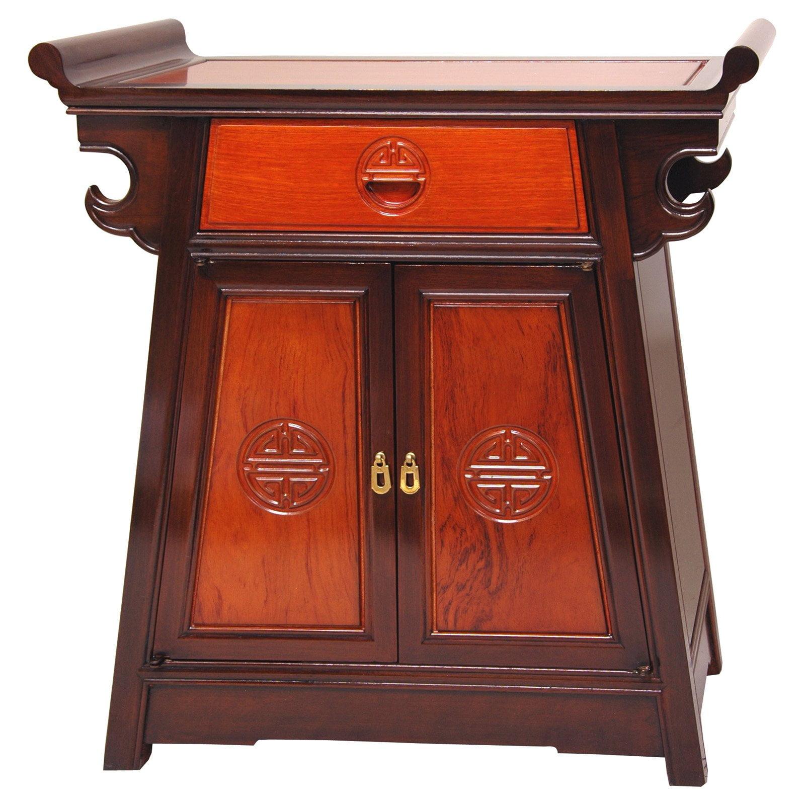 Elegant Two-Tone Rosewood Altar Cabinet with Carved Long Life Symbols