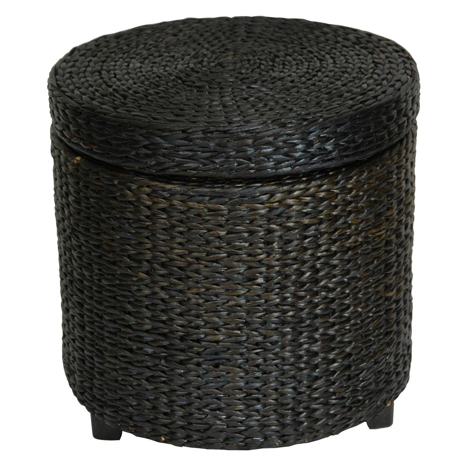 Round Black Rush Grass Storage Ottoman with Wood Frame