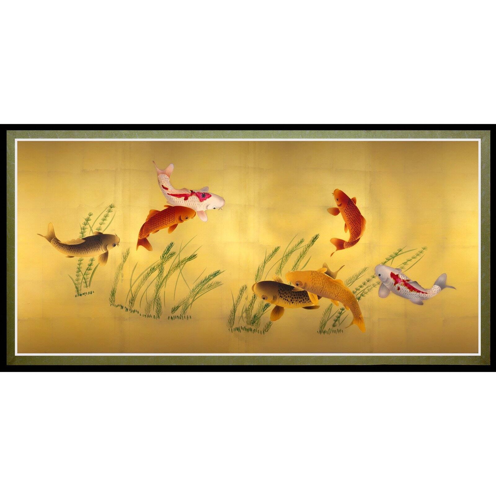 Seven Lucky Fish Gold and Black Canvas Wall Art