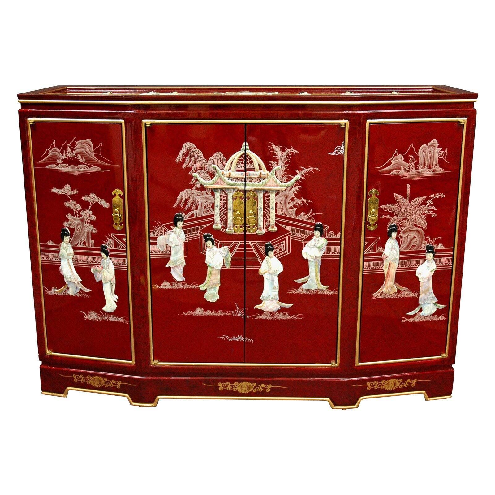 Traditional Red Lacquered Oriental Cabinet with Brass Accents