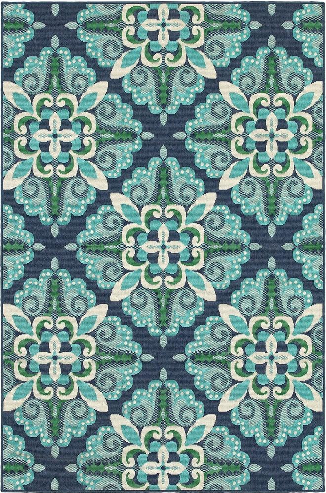 Rectangular Blue Geometric Stain-Resistant Synthetic Rug