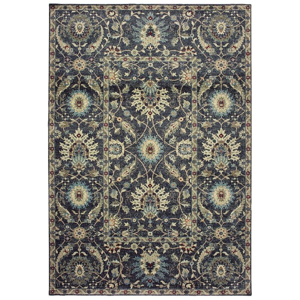 Ivory and Navy Oriental 9' x 12' Synthetic Area Rug