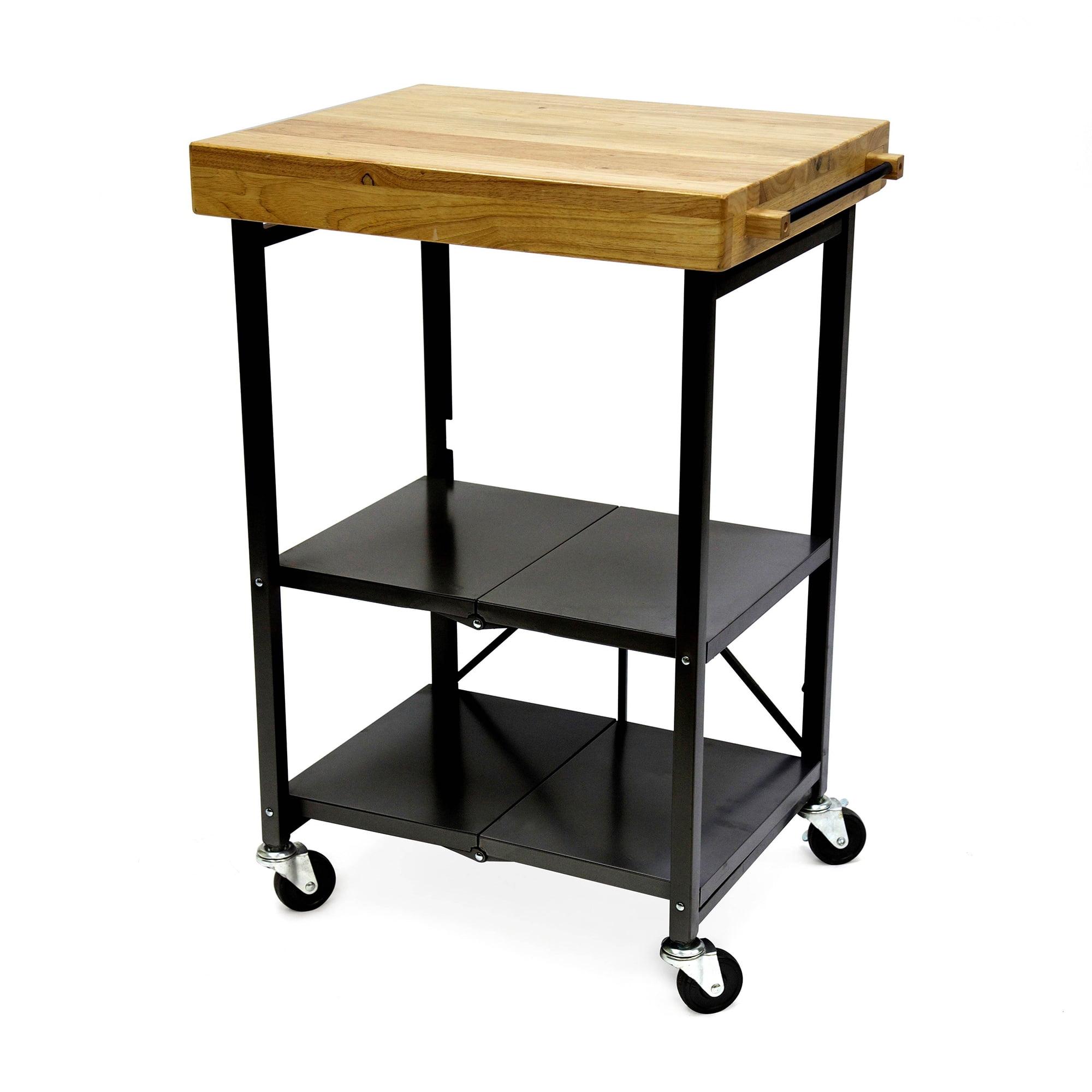 Black Foldable Kitchen Island Cart with Wood Top