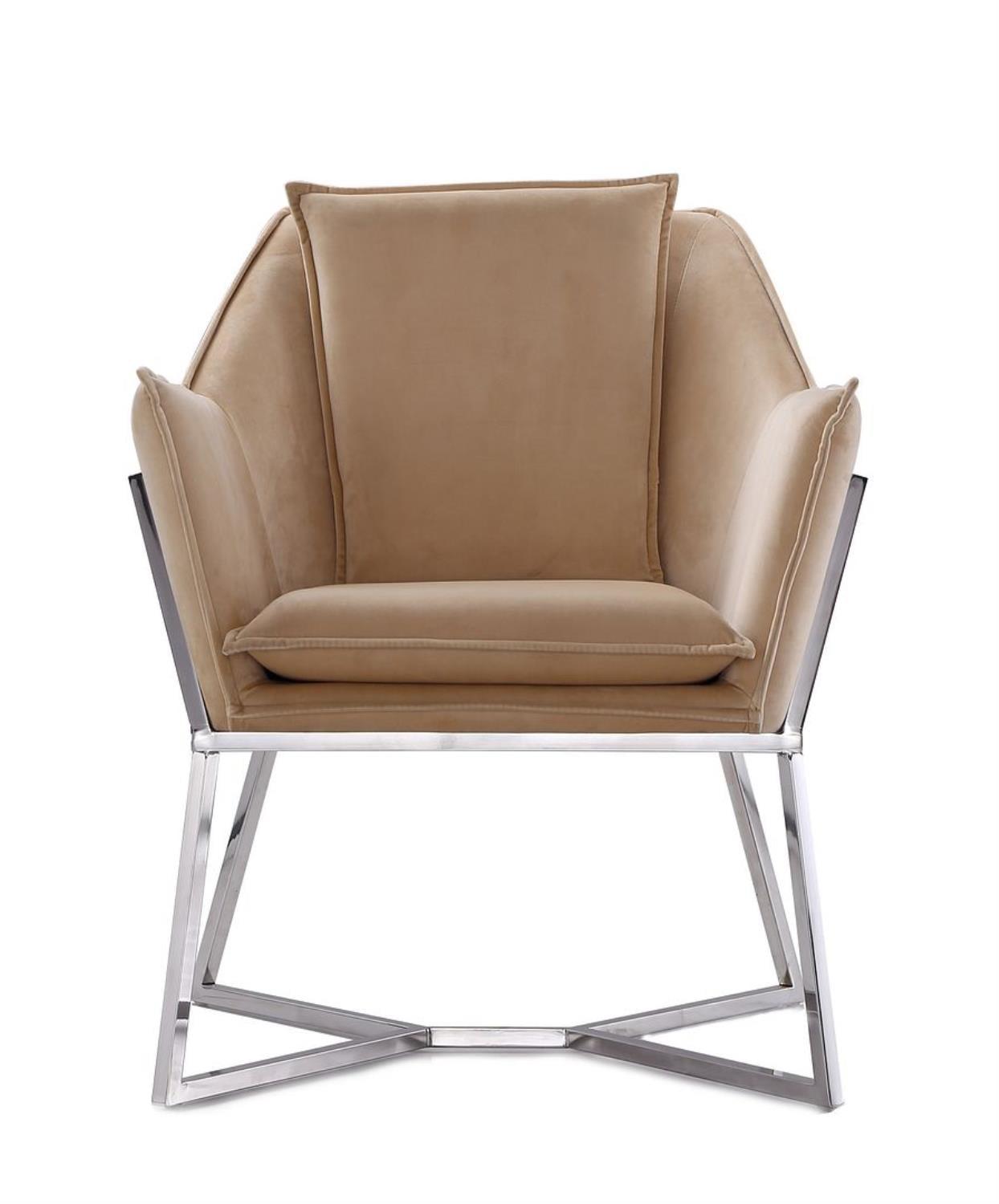 Tan Velvet Geometric Barrel Accent Chair with Metal Base