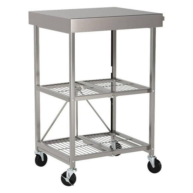 Origami RBT Fully Stainless Steel Foldable Kitchen Cart with 4 Professional Grade Caster Wheels Holds Up To 100 Pounds, Silver