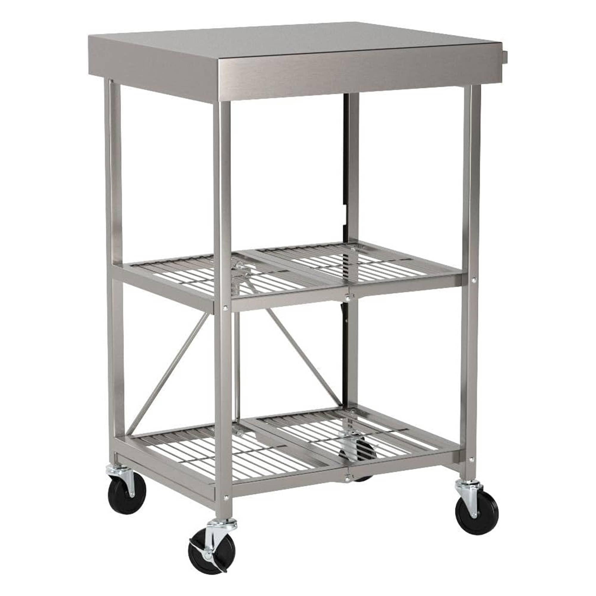 Origami RBT Fully Stainless Steel Foldable Kitchen Cart with 4 Professional Grade Caster Wheels Holds Up To 100 Pounds, Silver