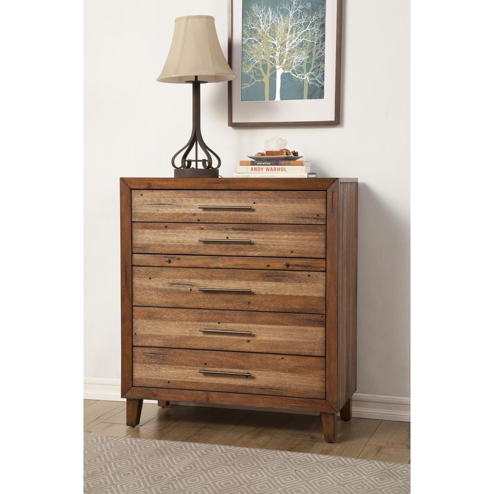 Rustic Toffee Brown Mahogany 5-Drawer Chest with Desk Tray