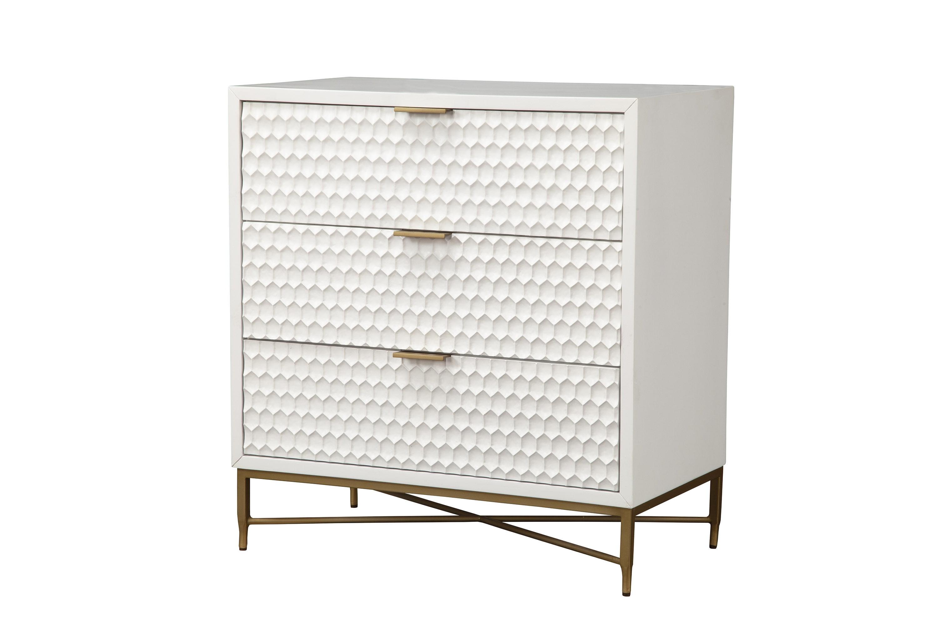 White Pearl Transitional 3-Drawer Accent Chest with Gold Accents