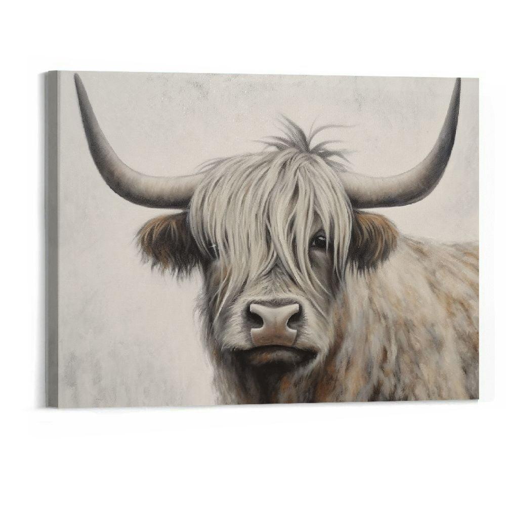 ONETECH Highland Cow Wall Art Farmhouse Decor Canvas Printed Black and White Cow Pictures Wall Decor Modern Western Rustic Artwork Decorations for Bedroom Office Living Room  16x16 in