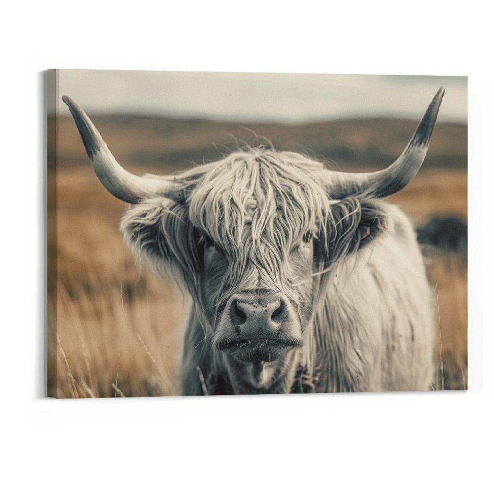 JEUXUS Highland Cow Wall Art, Cow Pictures Wall Decor, Rustic Black and White Funny Highland Cow Wall Art Canvas Poster, 20x16in Framed Ready to Hang, Farmhouse Longhorn Canvas Wall Art Decor
