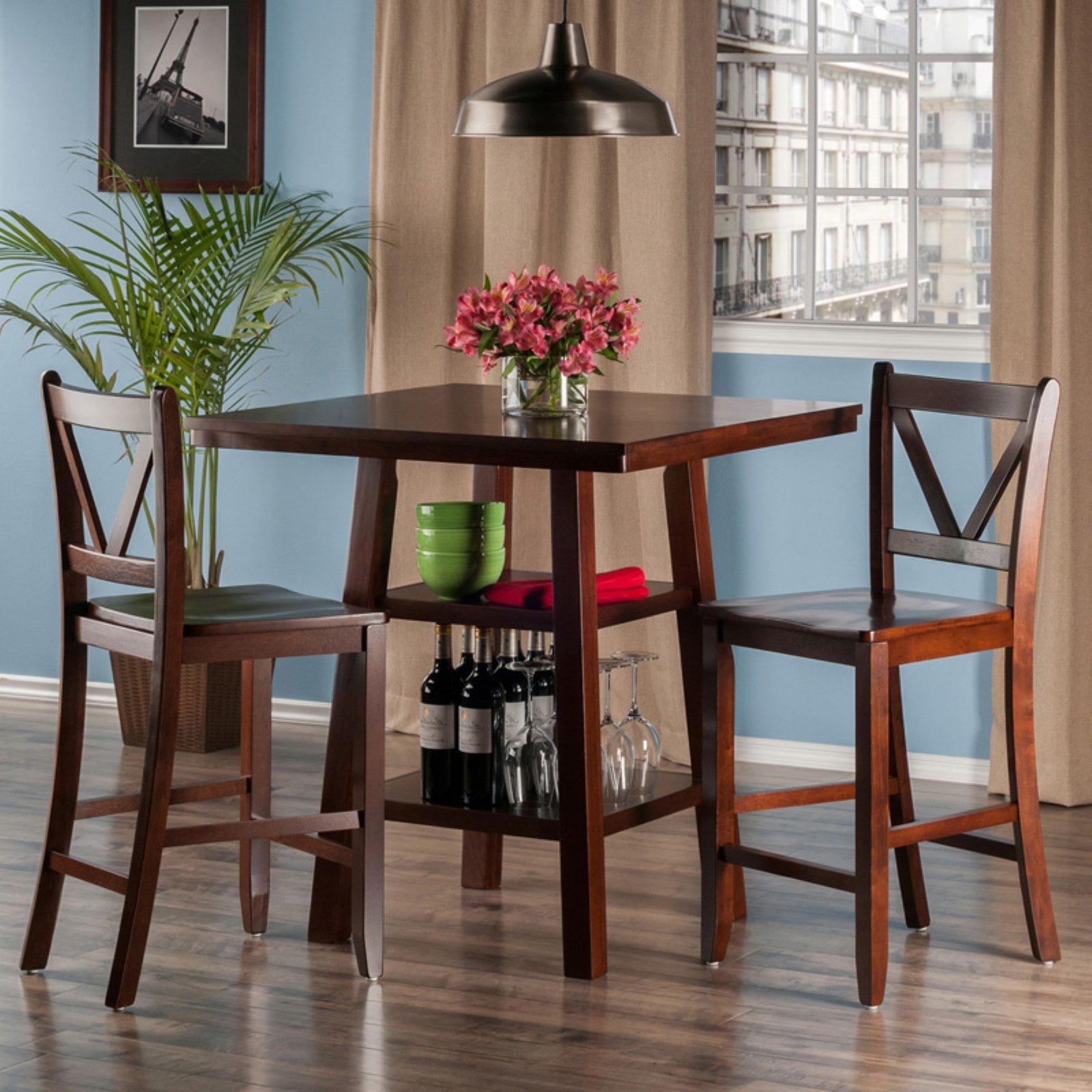 Transitional 33" Square Walnut Pub Table Set with Storage & 2 V-Back Chairs