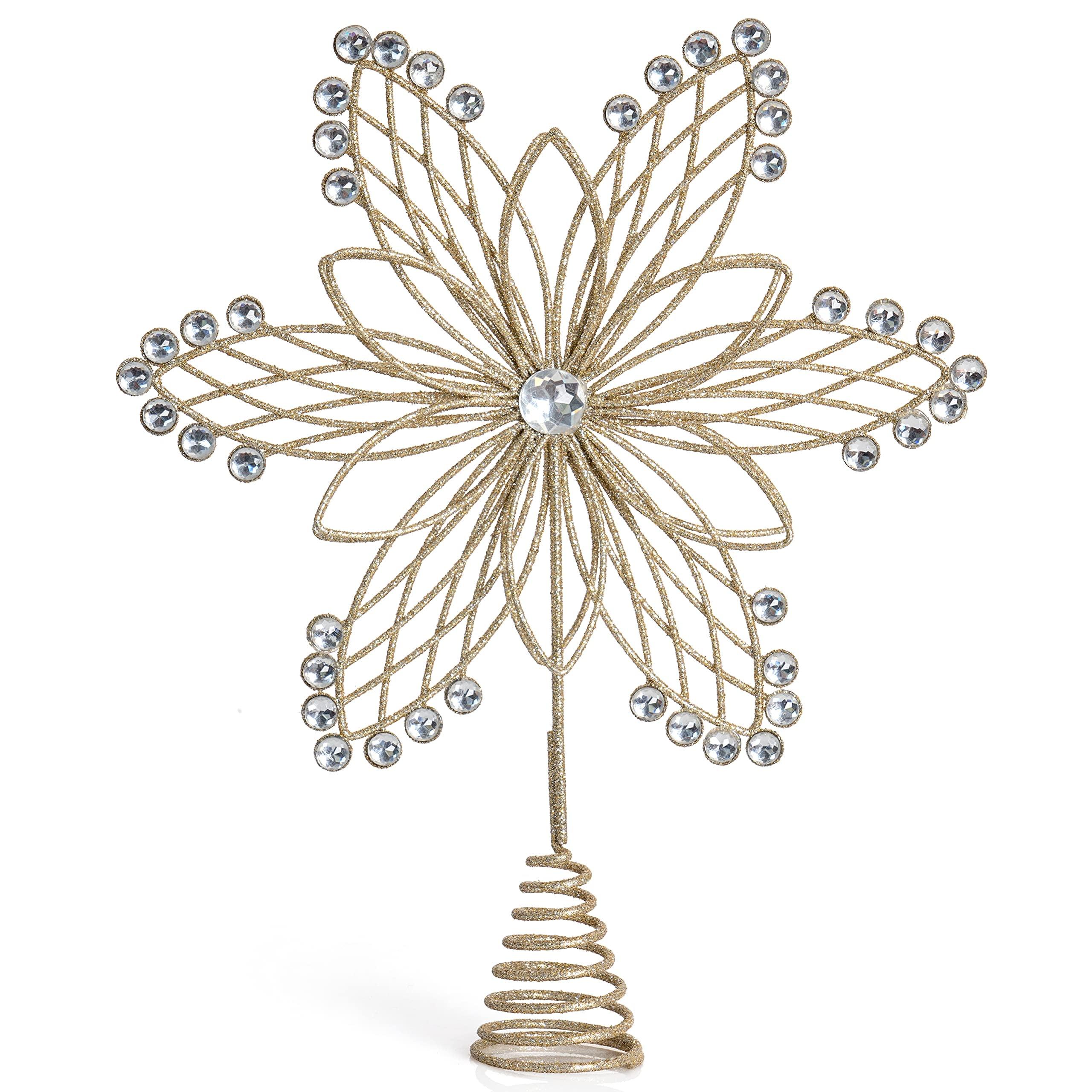 Gold Glitter Metal Flower Tree Topper with Silver Gems