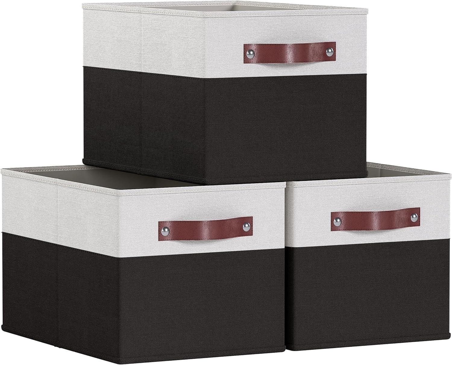 XL White and Black Fabric Storage Bins with Faux Leather Handles