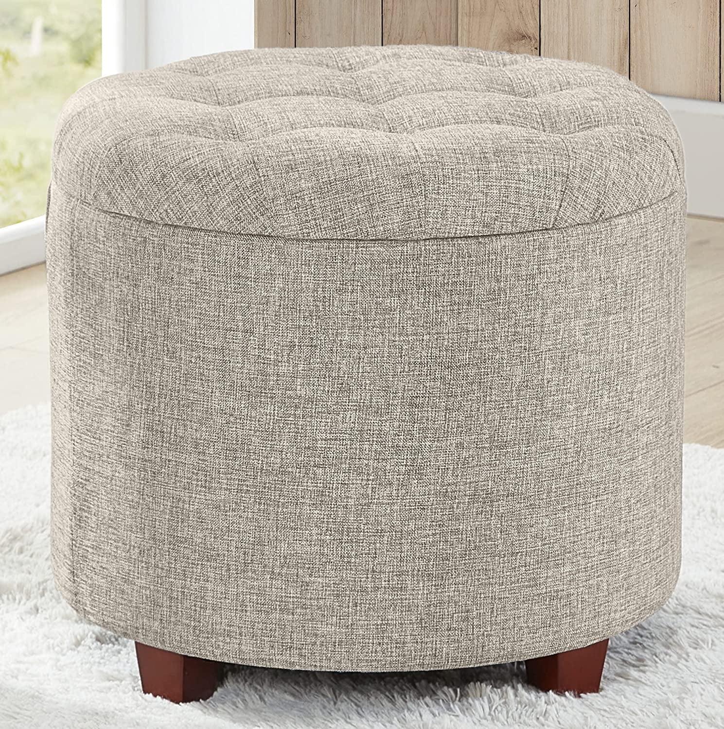 Beige Round Tufted Linen Storage Ottoman with Removable Lid