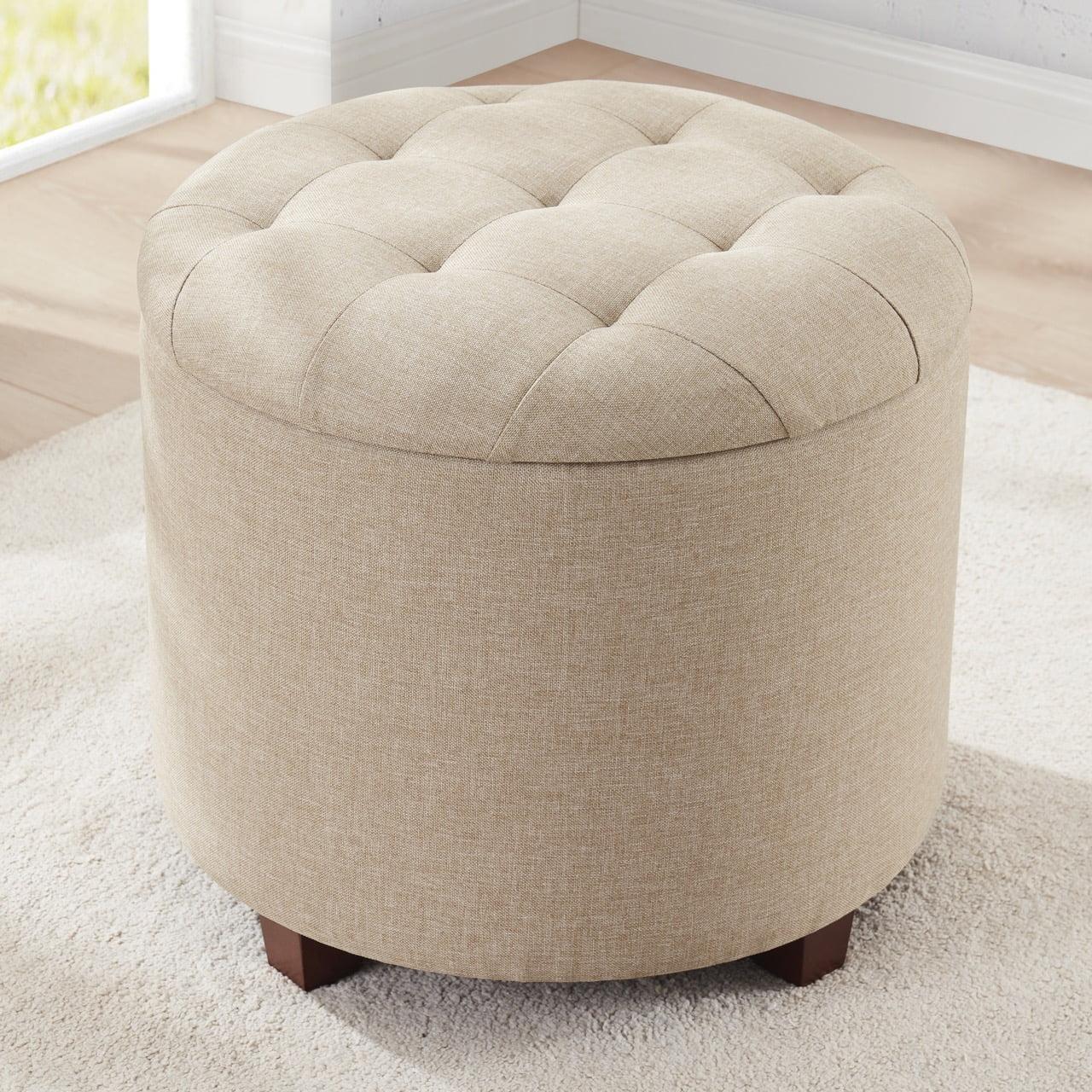 Ornavo Home Linen Upholstered Round Tufted Storage Ottoman with Wooden Legs - Beige