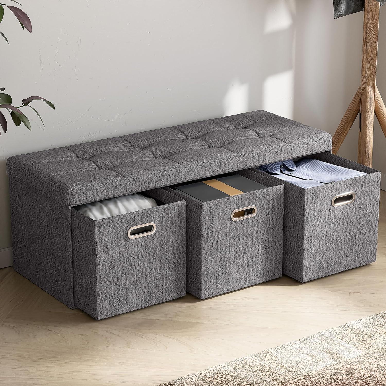 Ornavo Home Collapsible Large Storage Bench Ottoman with Drawers - 40" Inch - Charcoal Gray