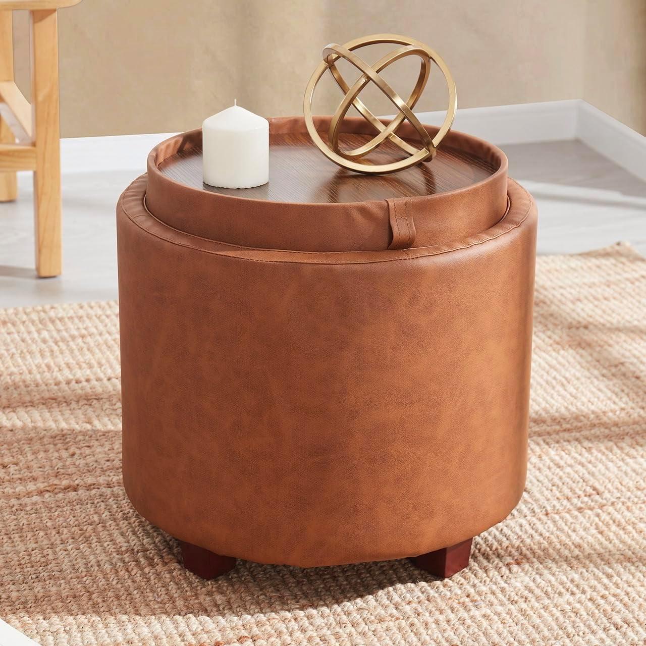 Ornavo Home Lawrence Round Faux Leather Storage Ottoman with Table Top Lid - Cognac