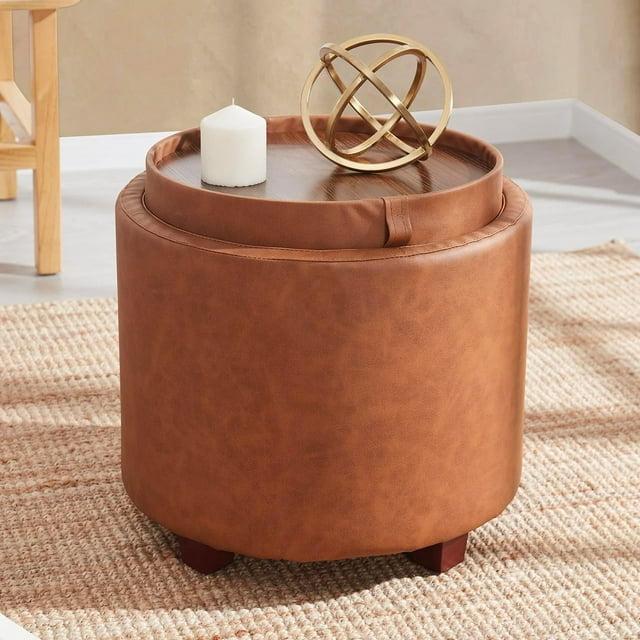 Ornavo Home Lawrence Round Faux Leather Storage Ottoman with Table Top Lid - Cognac