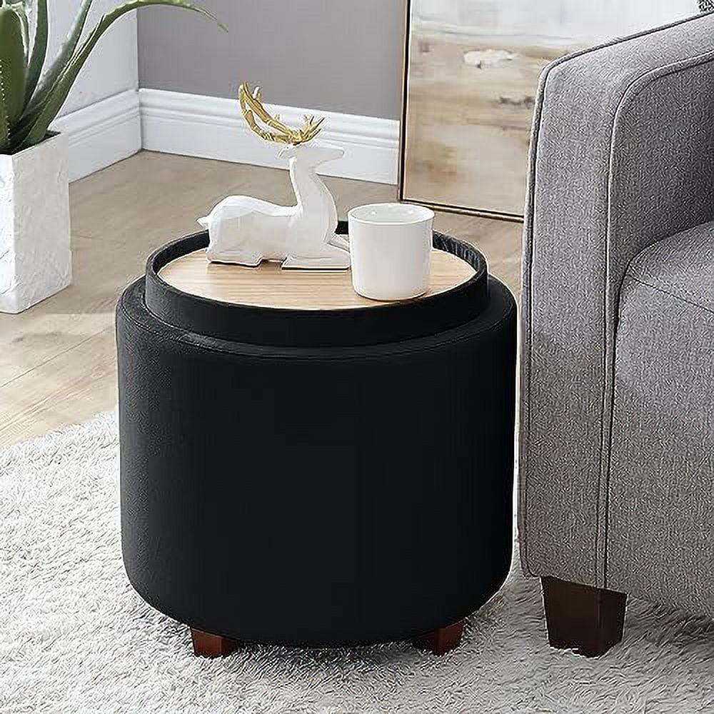 Ornavo Home Lawrence Round Storage Ottoman with Table Top Lid - Velvet Black