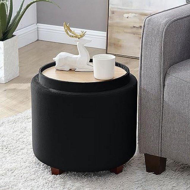 Ornavo Home Lawrence Round Storage Ottoman with Table Top Lid - Velvet Black