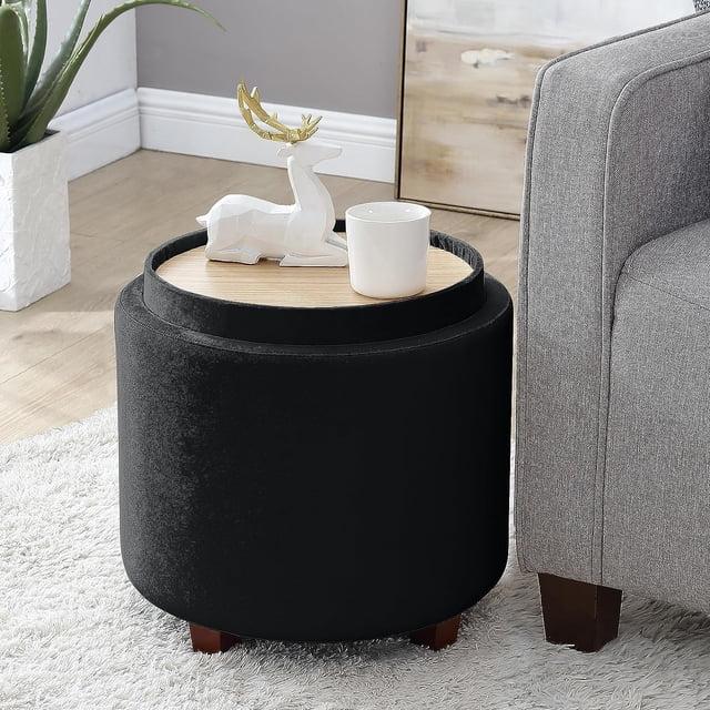 Ornavo Home Lawrence Round Storage Ottoman with Table Top Lid - Velvet Black