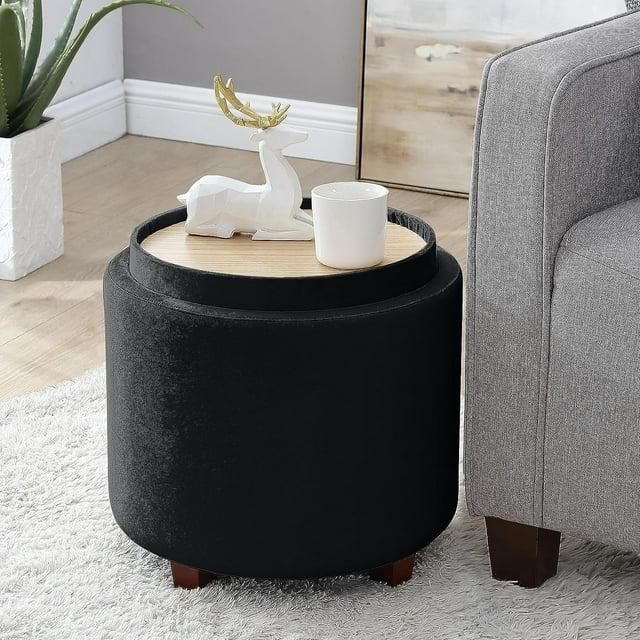 Ornavo Home Lawrence Round Storage Ottoman with Table Top Lid - Velvet Black