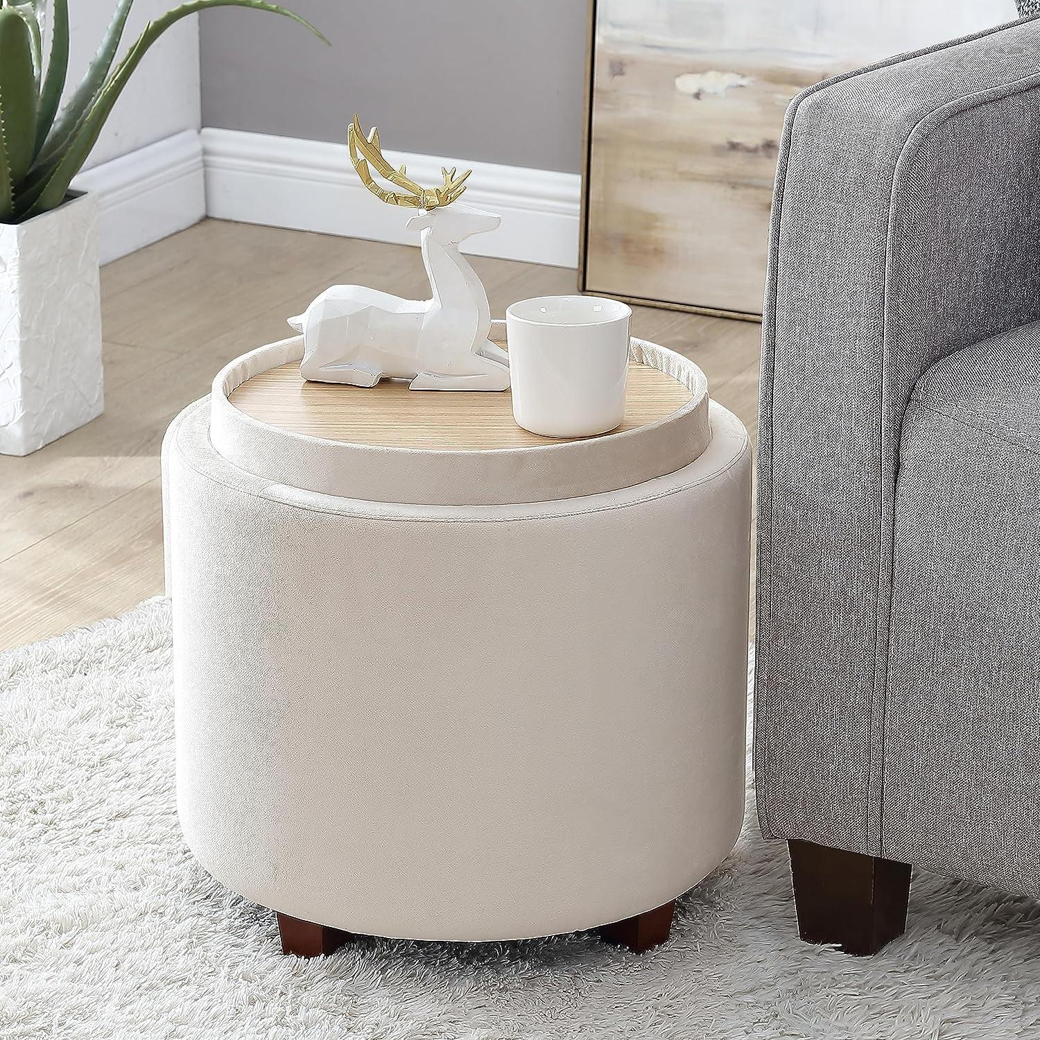 Ornavo Home Lawrence Round Storage Ottoman with Table Top Lid - Velvet Cream