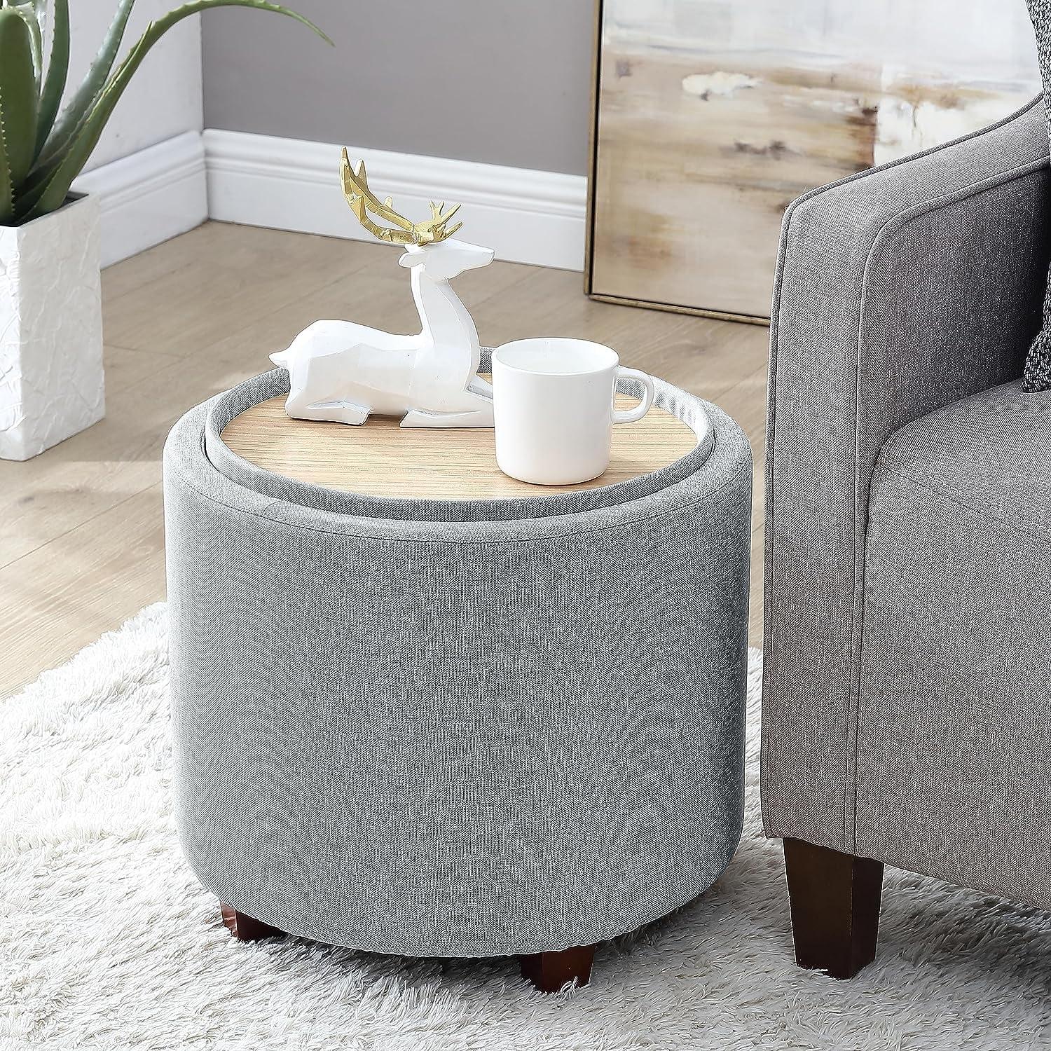 Lawrence Round Gray Linen Storage Ottoman with Tray Top