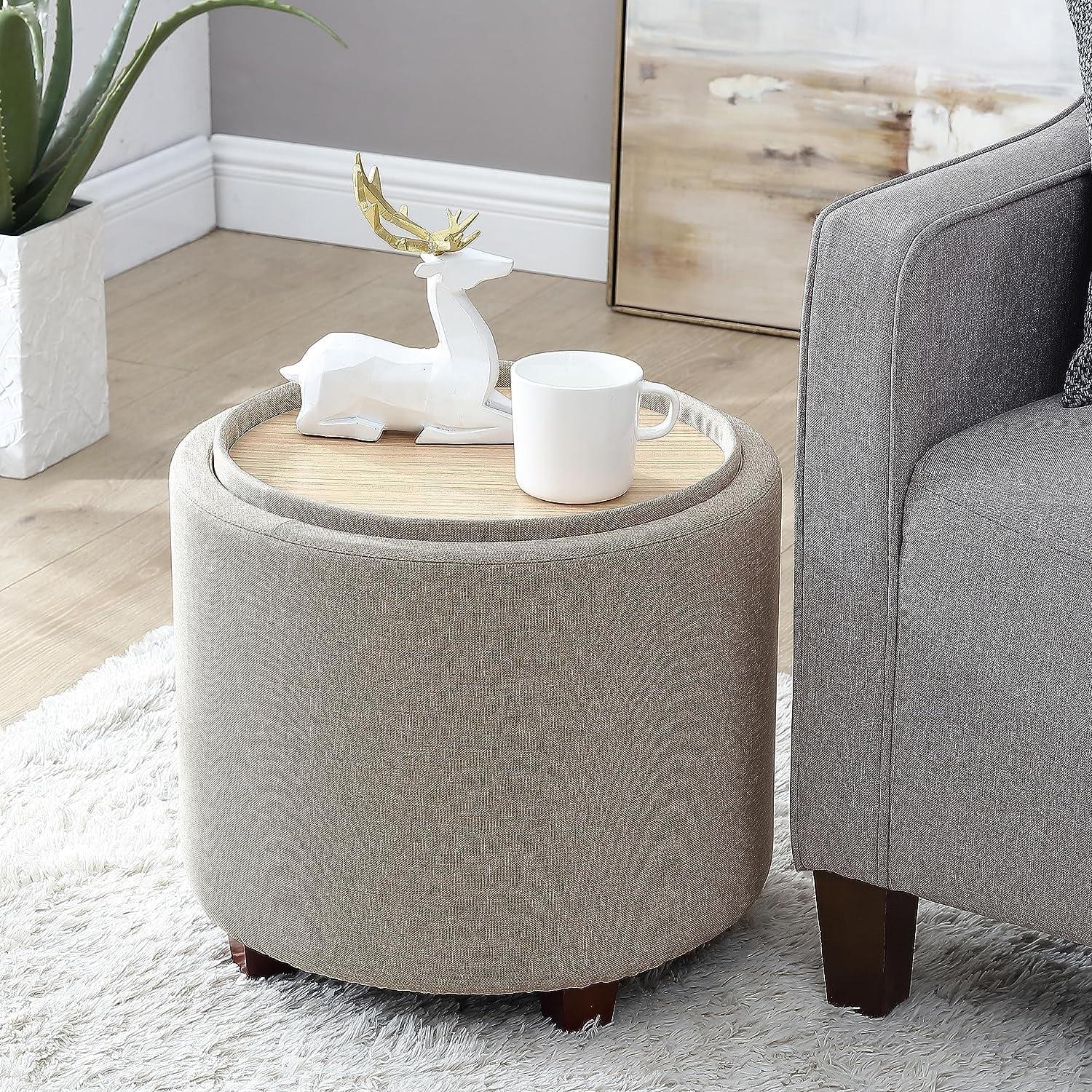 Linen Beige Round Storage Ottoman with Tray Top