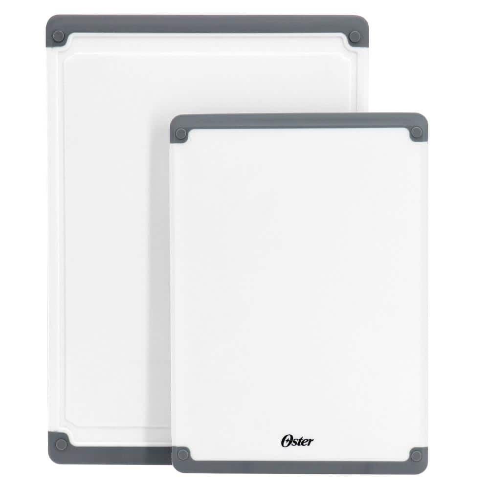 Oster Bergen 2 Piece Rectangular Plastic Cutting Board Set in White with Non-Slip Feet