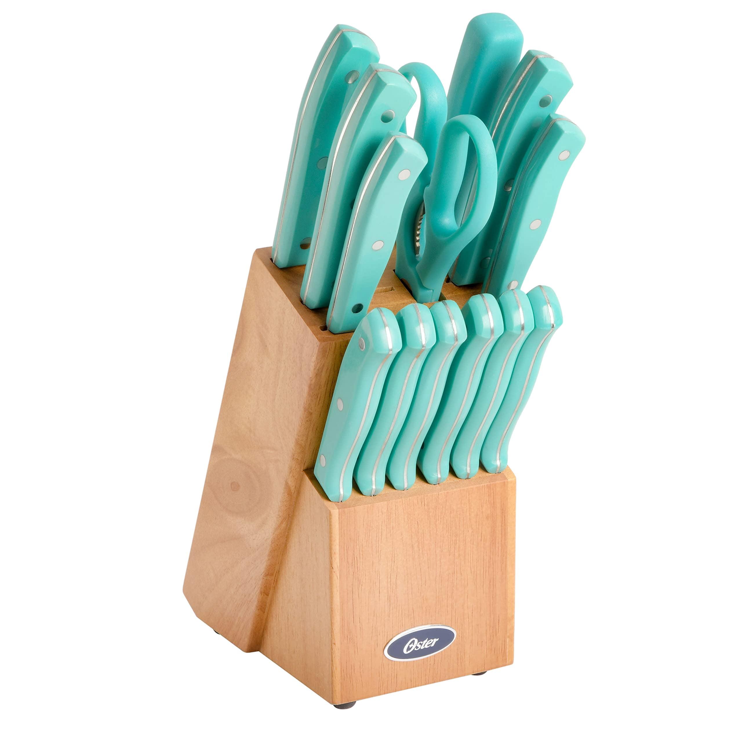 Evansville 14-Piece Stainless Steel Cutlery Set with Turquoise Handles and Wood Block