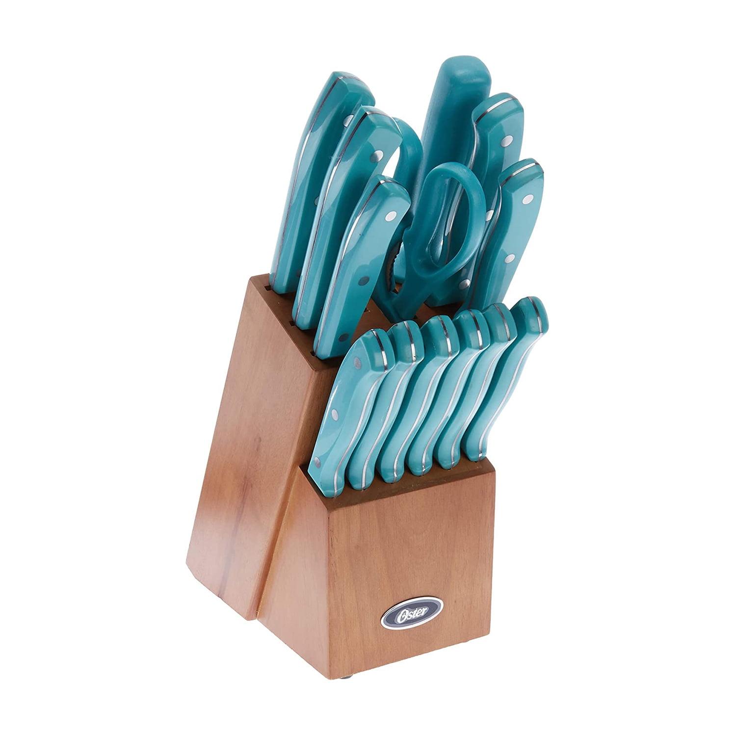 Evansville 14-Piece Stainless Steel Cutlery Set with Turquoise Handles and Wood Block