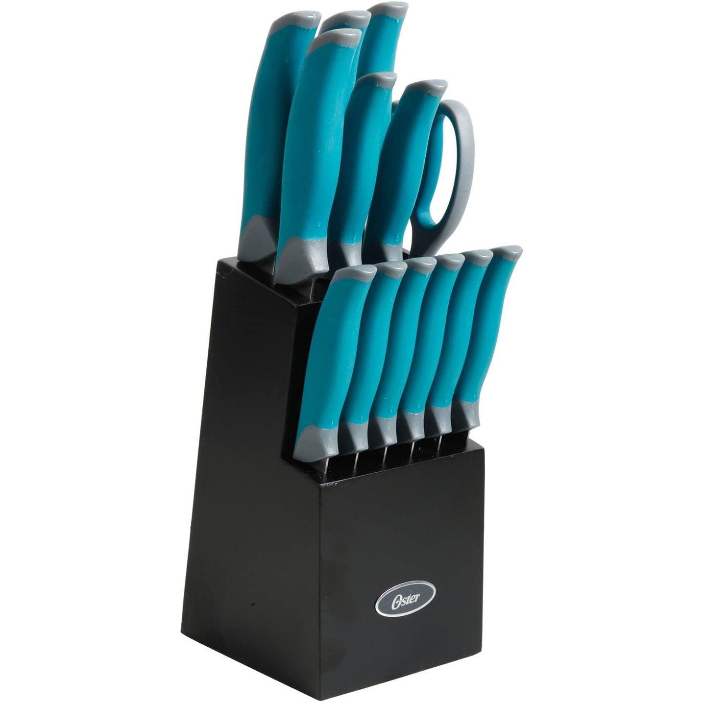 Oster Lindbergh 14-Piece Teal Stainless Steel Cutlery Set with Black Block