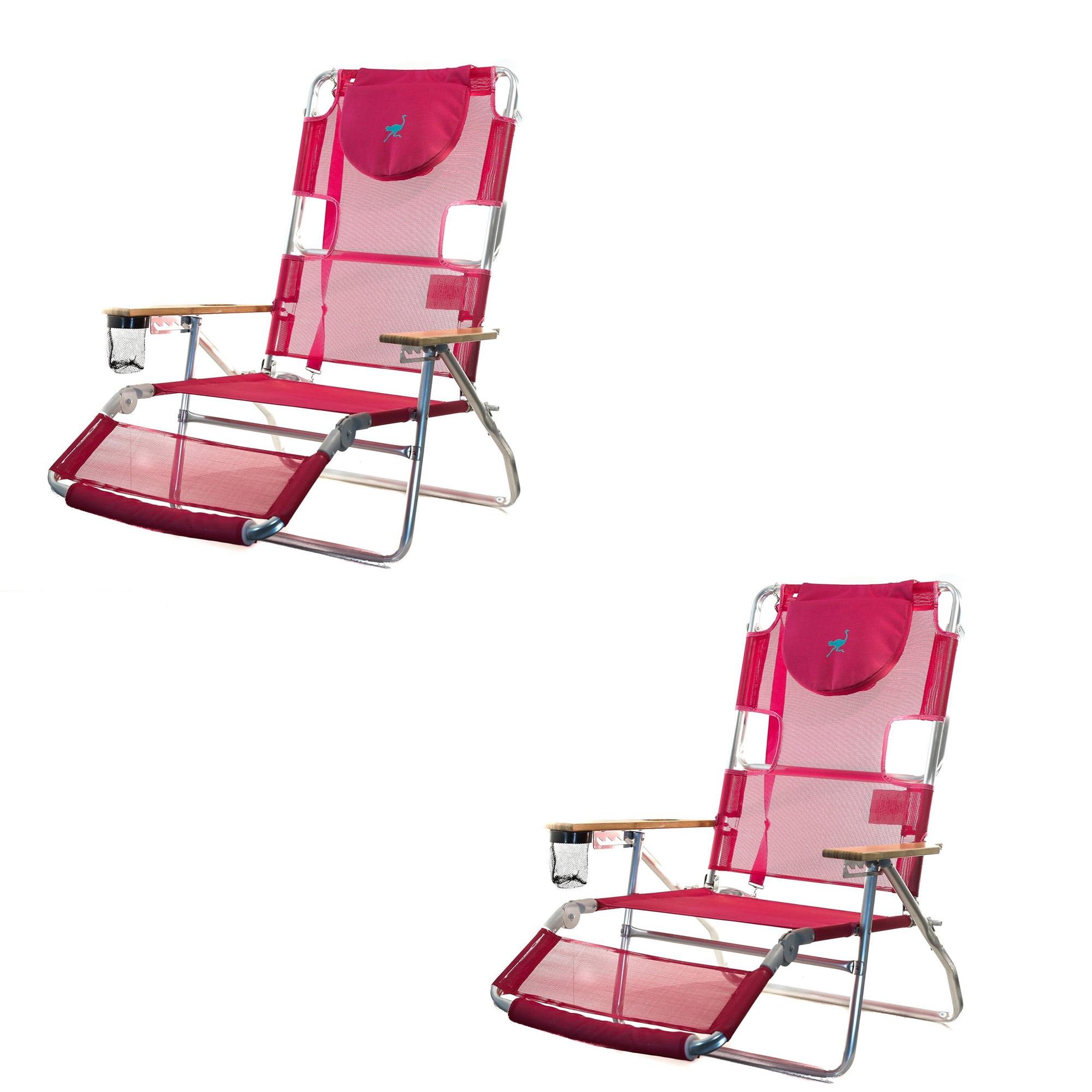 Pink Aluminum Adjustable Folding Beach Lounger with Wooden Armrests, 2-Pack