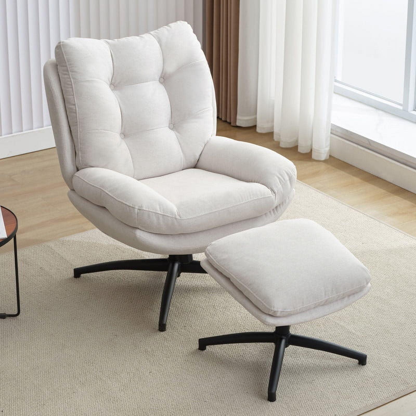 White Chenille Swivel Accent Chair with Ottoman