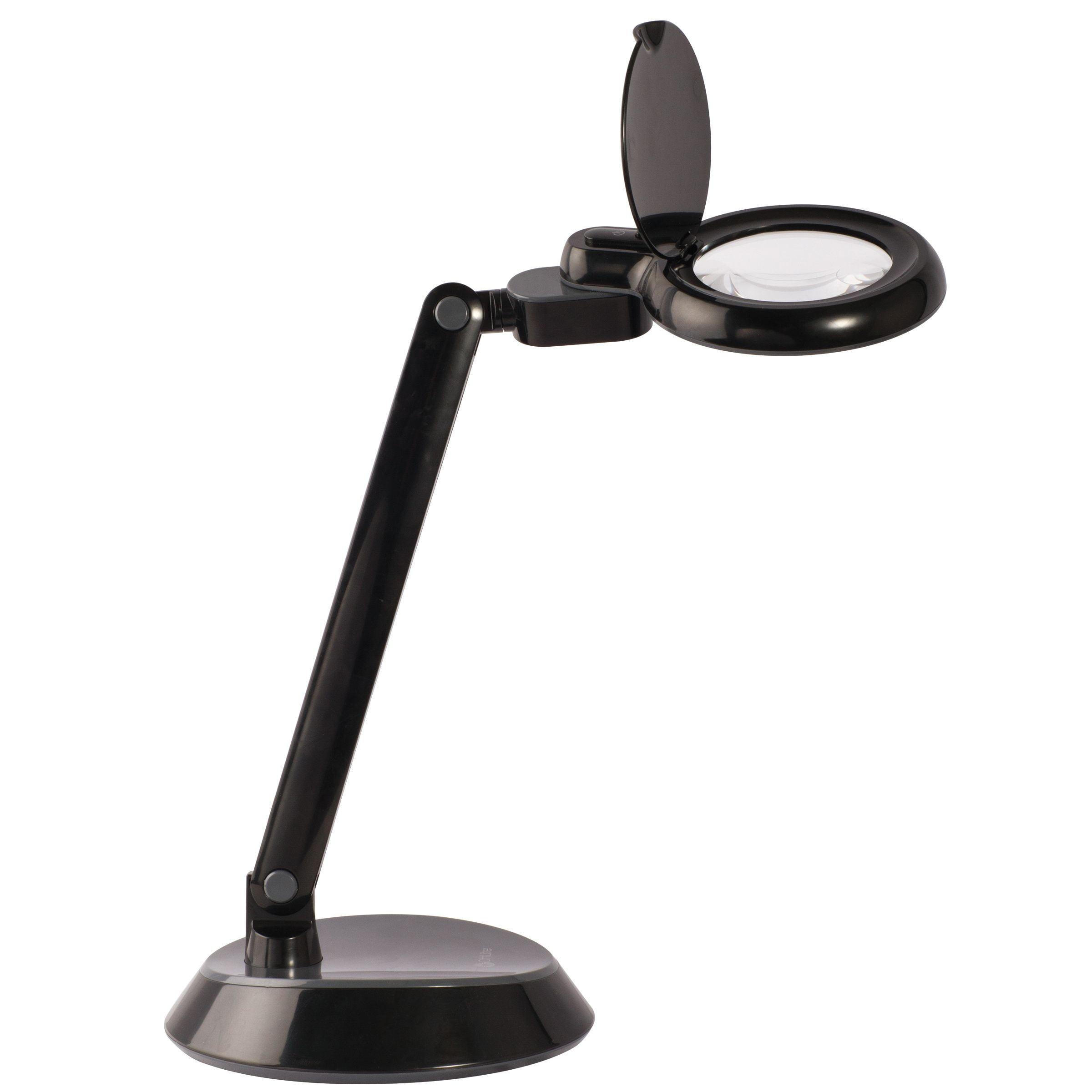 Compact Adjustable Black LED Desk Lamp with Optical-Grade Magnifier