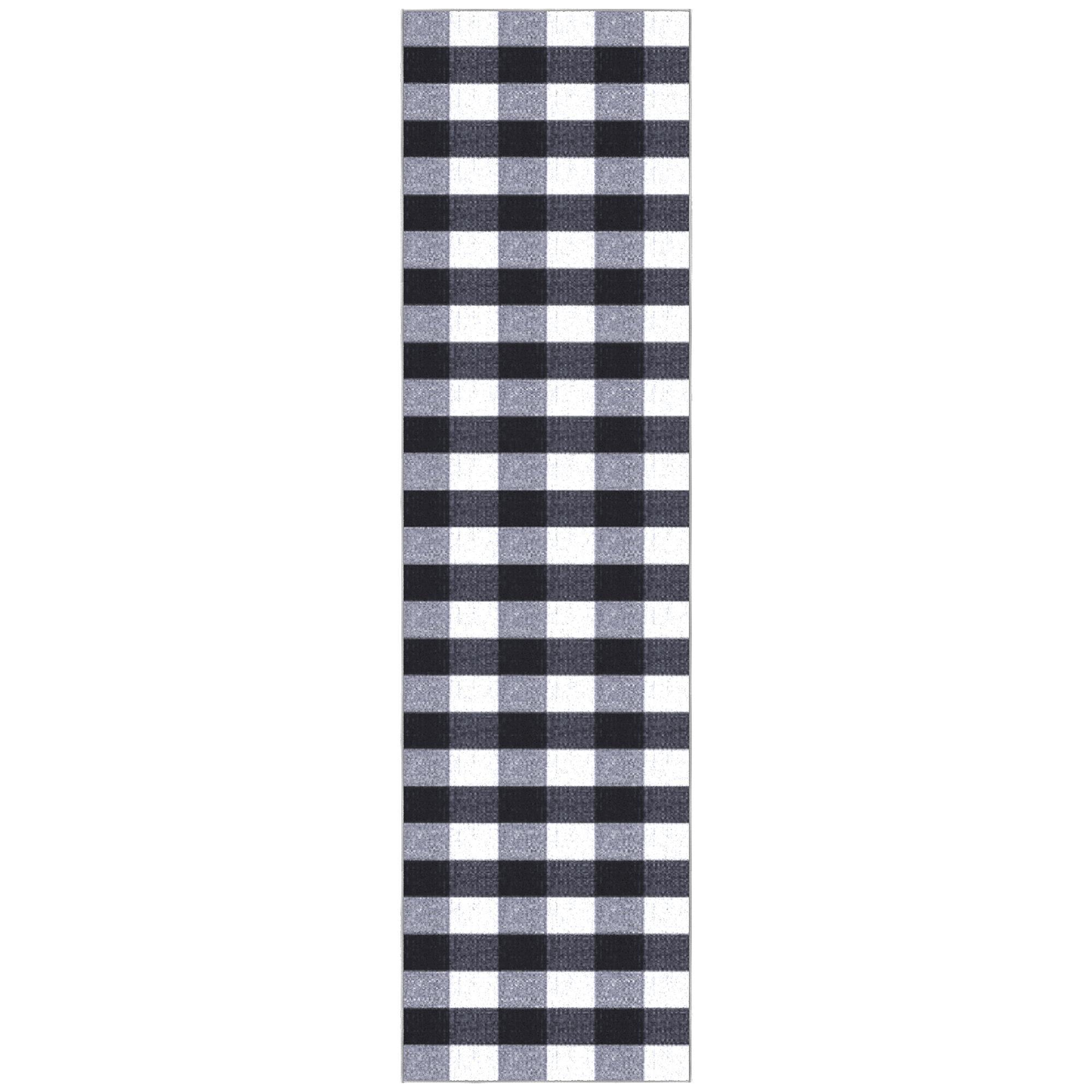 Black and White Checkered Synthetic Runner Rug 2'7" x 9'10"