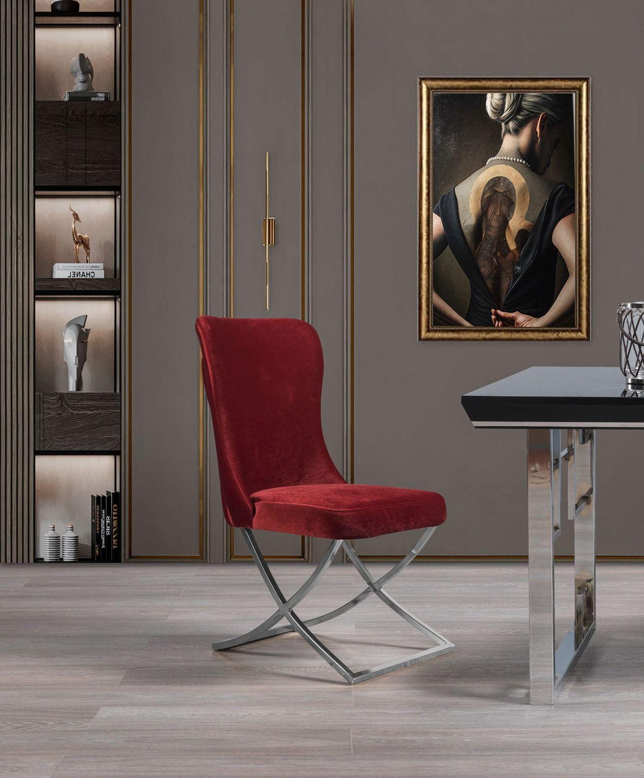 Ottomanson Royal Upholstered Modern Silver Legged Dining Chair, Set of 2, Burgundy