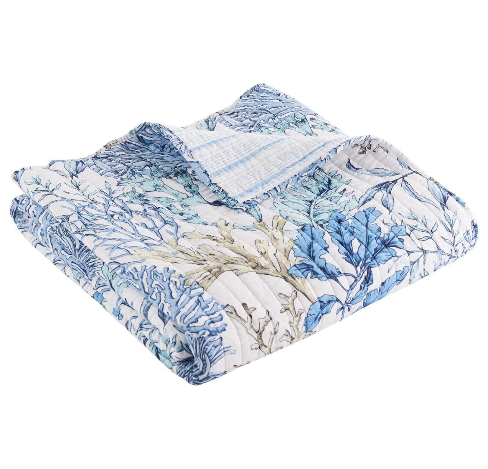 Mahina Coastal Blue and White Quilted Cotton Throw