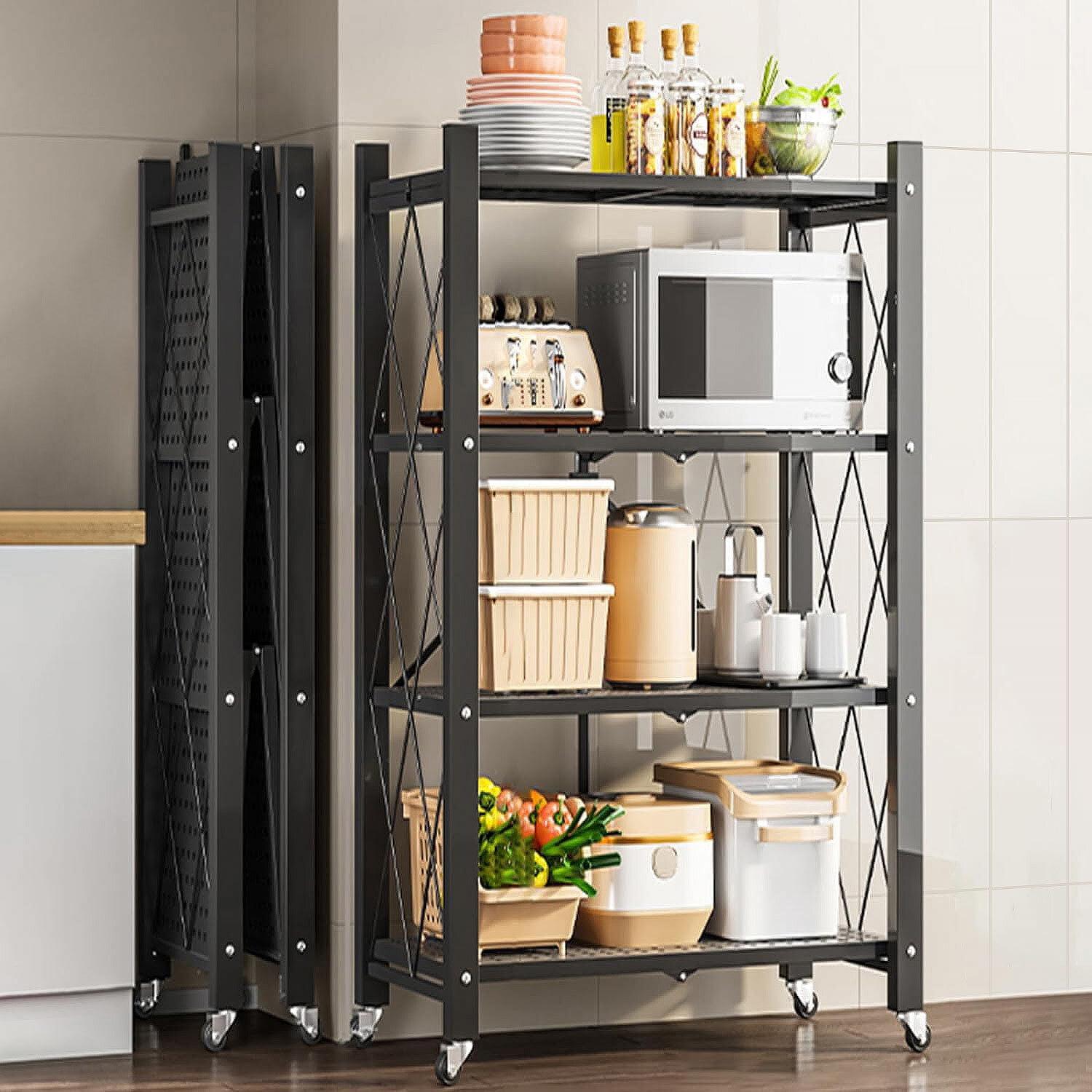 Foldable Storage Shelves, Heavy Duty Metal Shelving Unit for Garage, Kitchen & Basement Organization - 4-Tier Rack with Wheels, Easy Assembly, Black