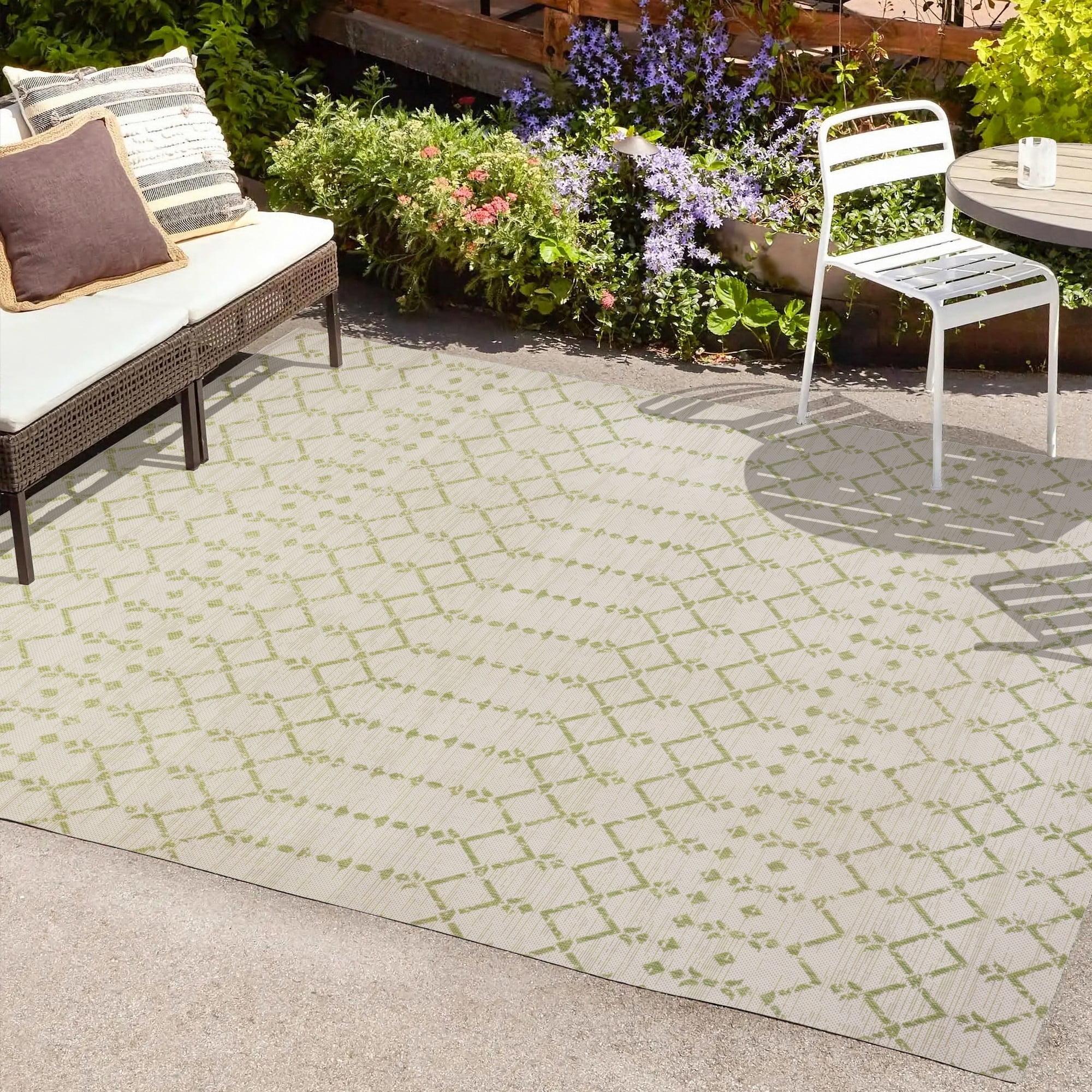 3' x 5' Ourika Moroccan Geometric Textured Weave Indoor/Outdoor Area Rug, Cream/Green - JONATHAN Y