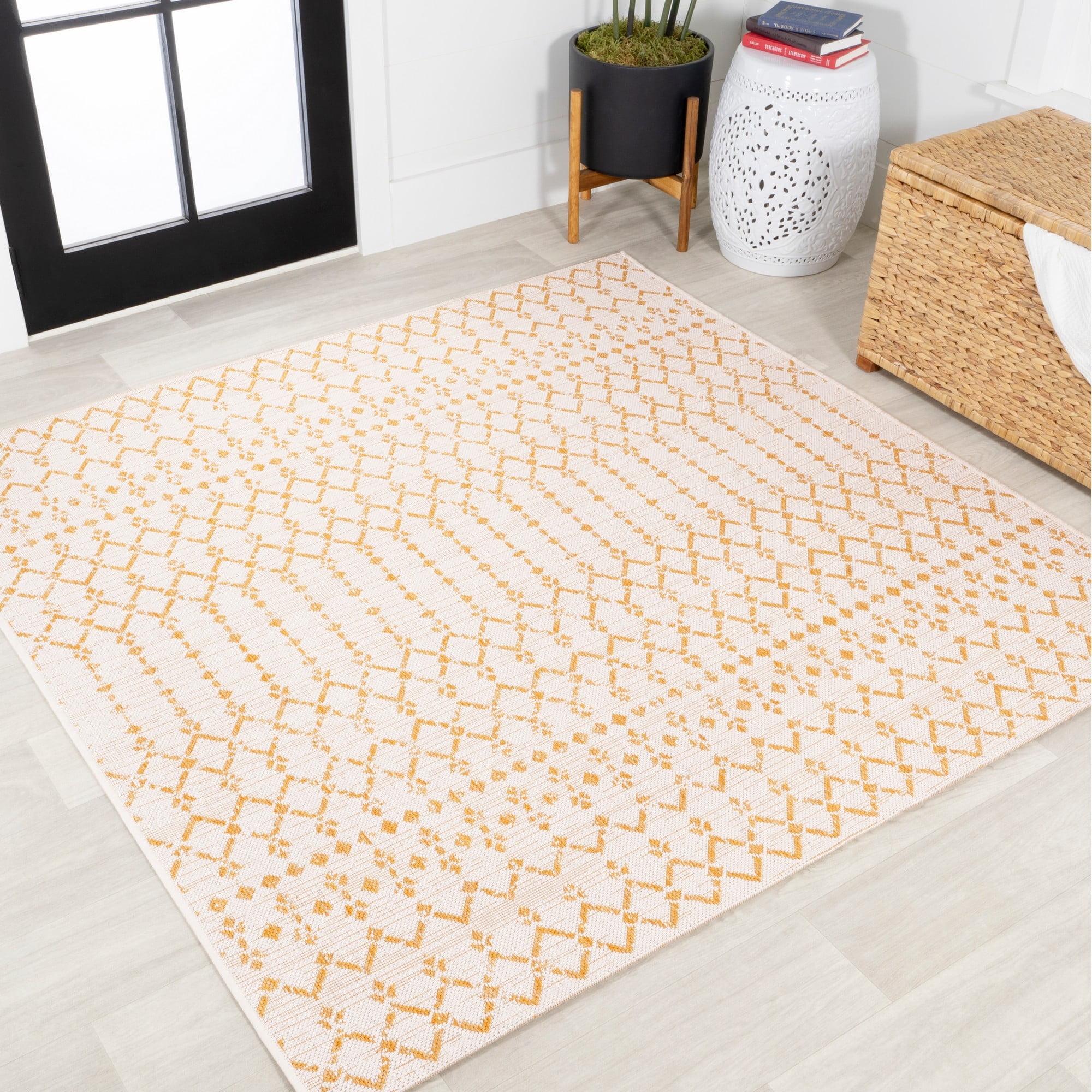 5' x 5' Ourika Moroccan Geometric Textured Weave Indoor/Outdoor Area Rug, Cream/Yellow - JONATHAN Y