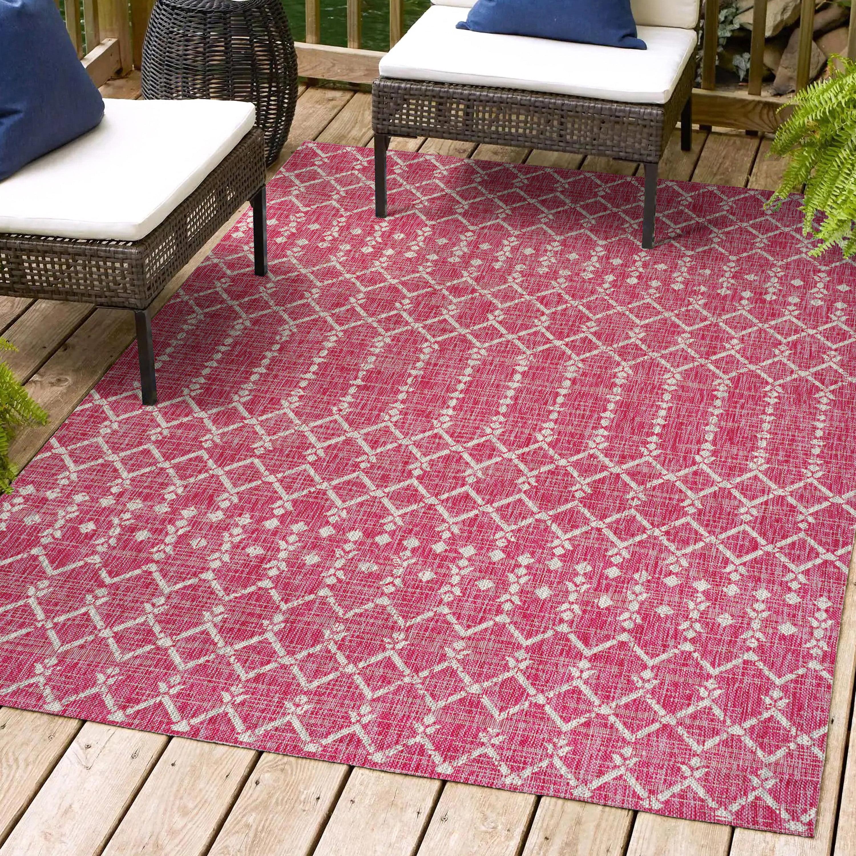 Fuchsia and Light Gray Geometric Flat Woven Indoor/Outdoor Rug