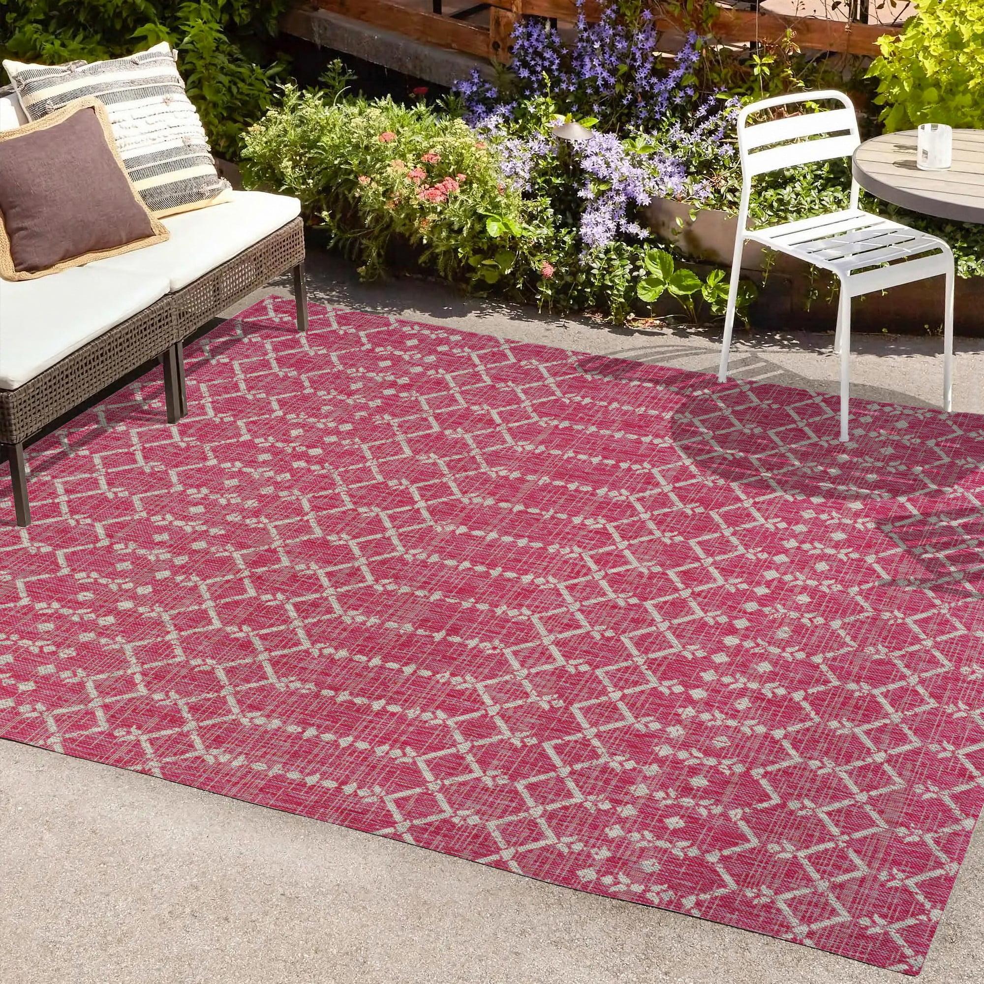 Fuchsia and Light Gray Geometric Flat Woven Indoor/Outdoor Rug